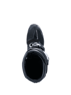 Botas Alpinestars Tech 7 Enduro Drystar® 2026, botas de motocross, negras, vista superior mirando hacia el interior de la bota, muestra la sección reforzada de la puntera y el cierre de hebilla, equipo de protección duradero para todoterreno