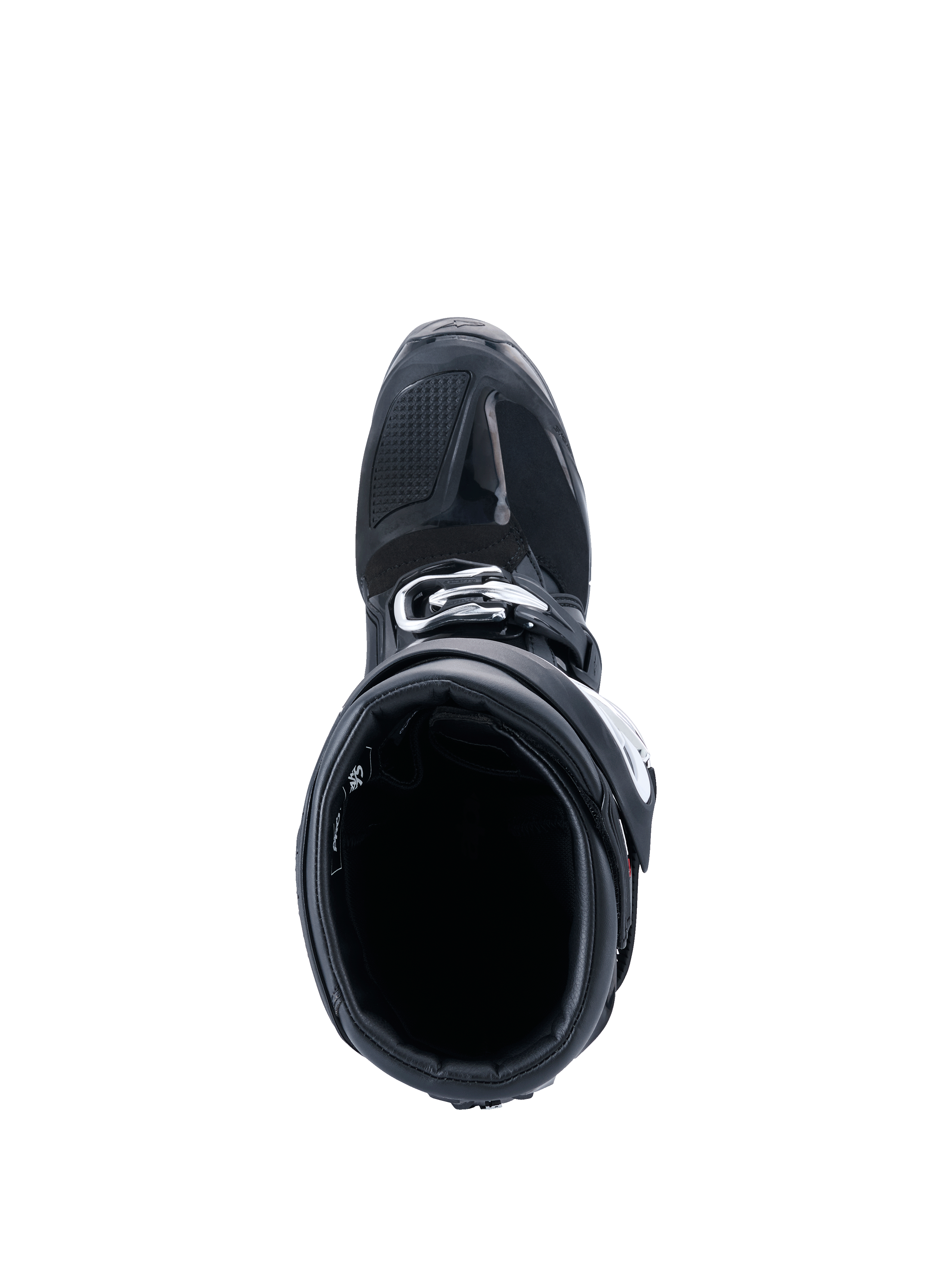 Botas Alpinestars Tech 7 Enduro Drystar® 2026, botas de motocross, negras, vista superior mirando hacia el interior de la bota, muestra la sección reforzada de la puntera y el cierre de hebilla, equipo de protección duradero para todoterreno