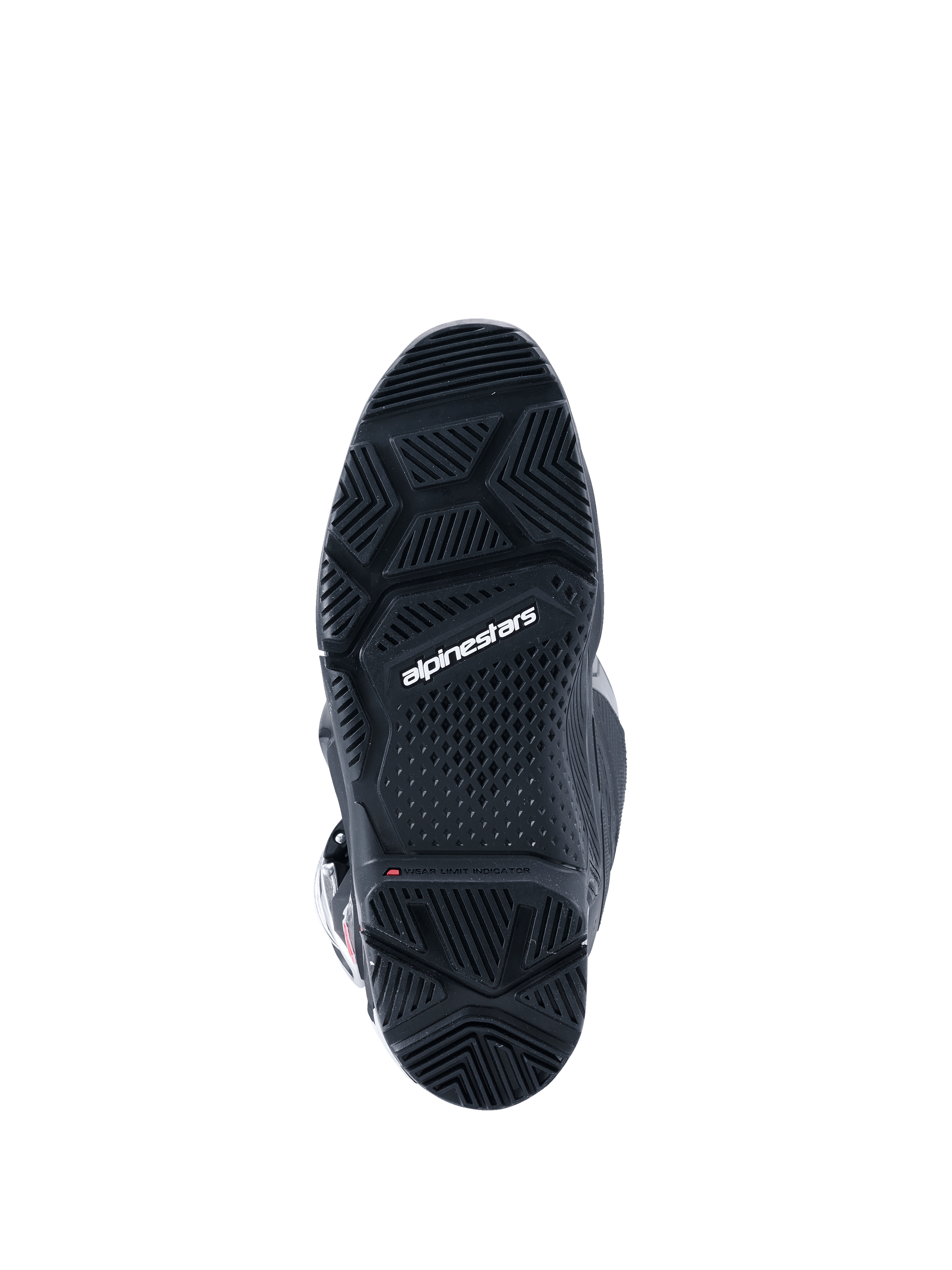 Botas Alpinestars 2026 Tech 7 Enduro Drystar®, negras, vista inferior de la suela de doble compuesto especializada para enduro, con patrones de dibujo geométricos para un agarre todoterreno y el logotipo de Alpinestars en blanco