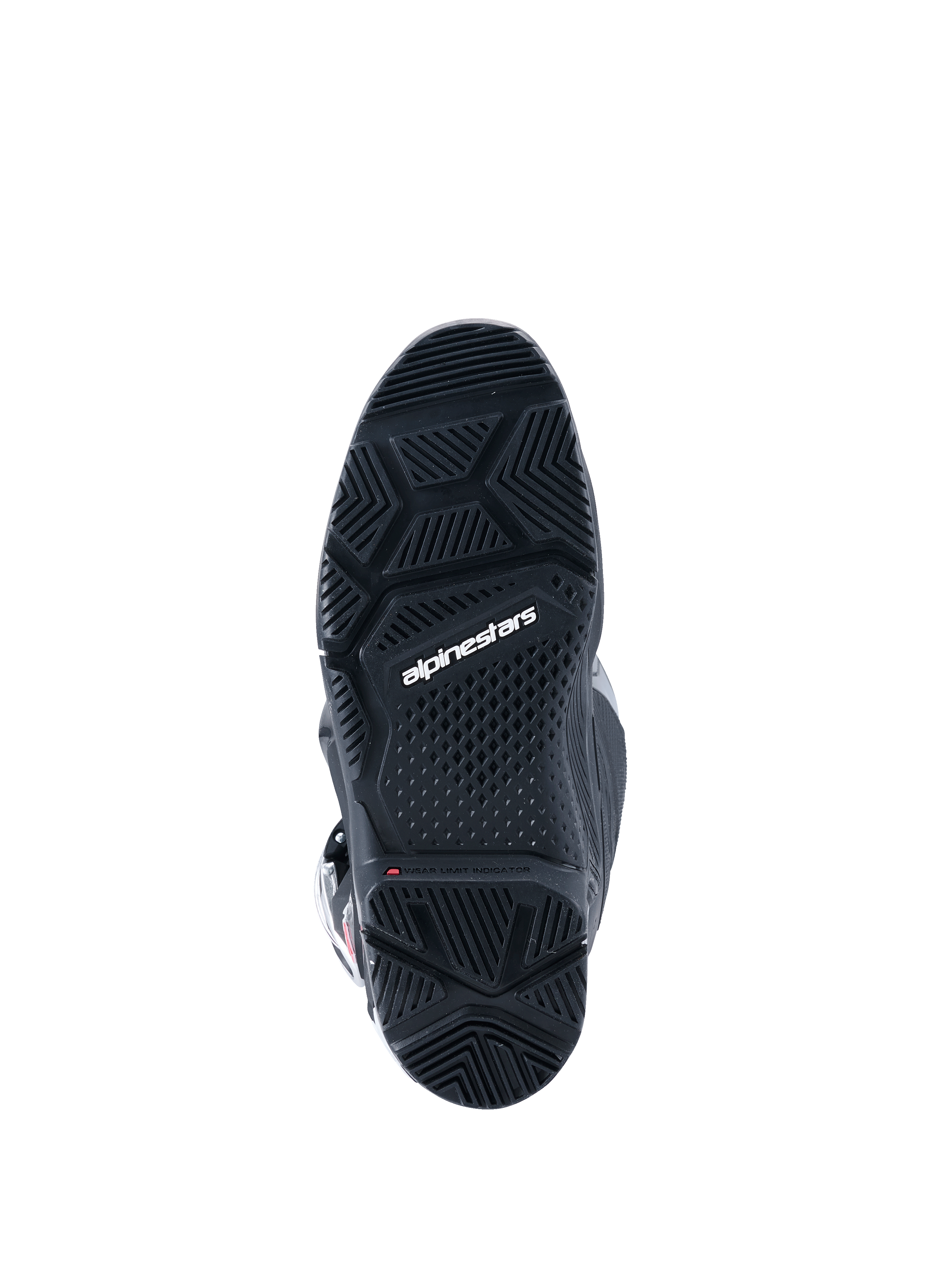 Botas Alpinestars 2026 Tech 7 Enduro Drystar®, negras, vista inferior de la suela de doble compuesto especializada para enduro, con patrones de dibujo geométricos para un agarre todoterreno y el logotipo de Alpinestars en blanco