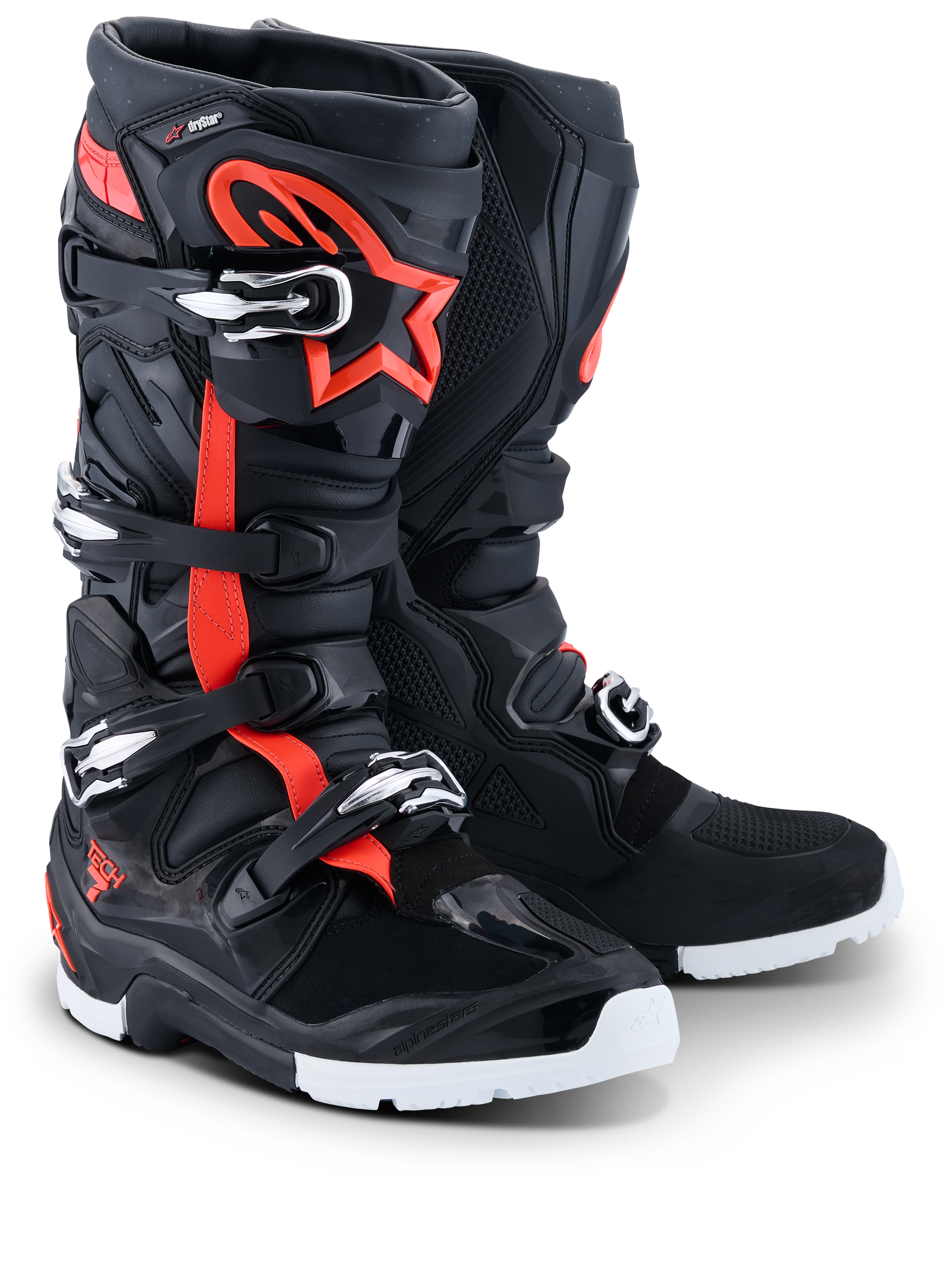 Botas Alpinestars Tech 7 Enduro Drystar® 2026, botas de motocross para enduro, negro, rojo flúor y blanco, con detalles en rojo flúor y el logo de la estrella, múltiples cierres de hebilla y suelas blancas resistentes para rendimiento todoterreno