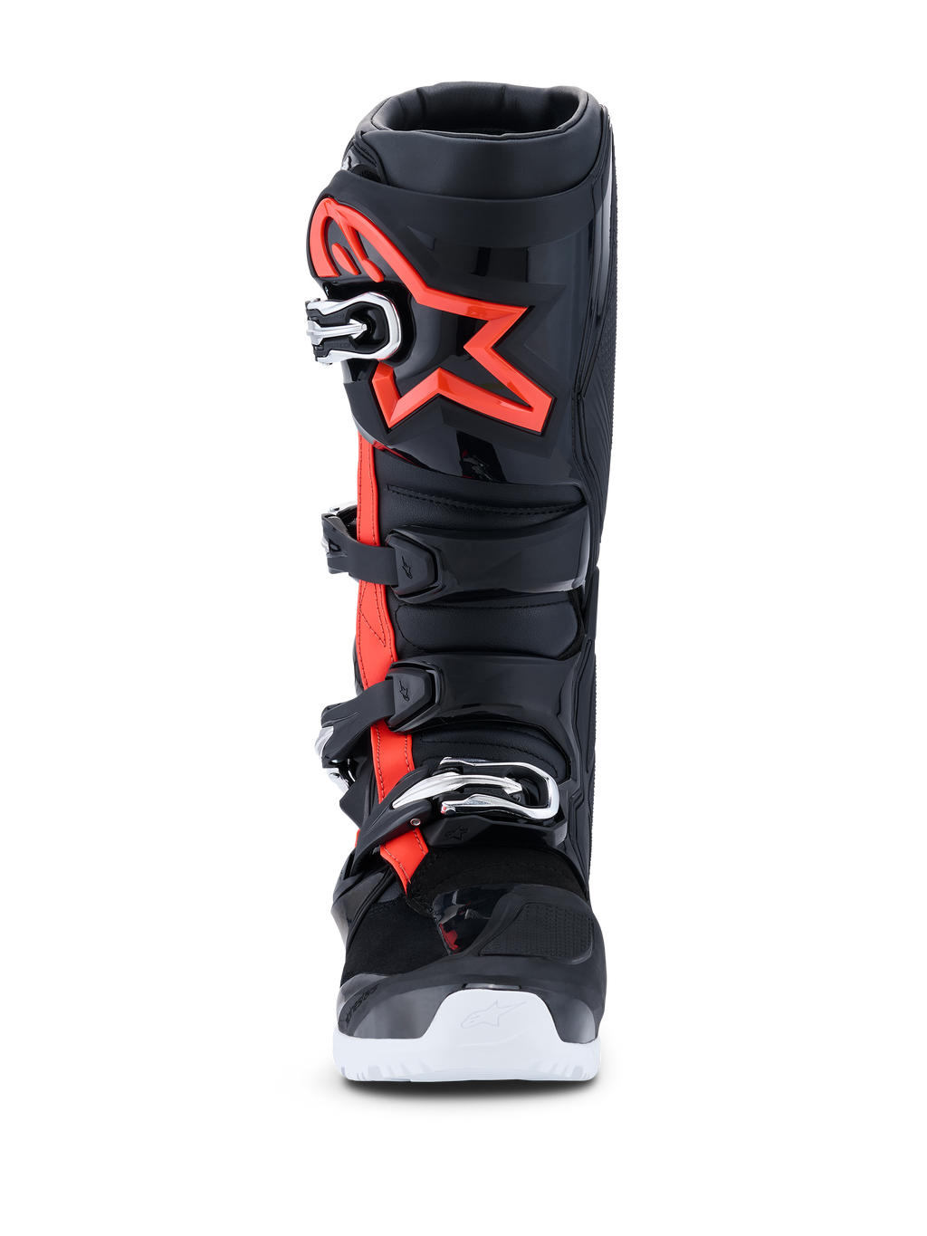 Botas Alpinestars 2026 Tech 7 Enduro Drystar®, botas de motocross y enduro, negro, rojo flúor y blanco, vista frontal, con un sistema de cierre de cuatro hebillas, espinillera de TPU reforzada con un gran logotipo rojo de Alpinestars y suela blanca, diseñadas para un rendimiento impermeable off-road.