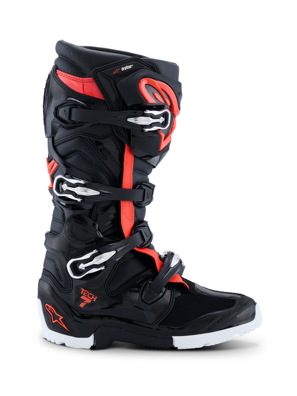 Botas Alpinestars 2026 Tech 7 Enduro Drystar®, calzado de motocross y enduro, negro, rojo flúor y blanco, perfil lateral que muestra cuatro hebillas plateadas y negras, carcasa reforzada de TPU y suela robusta blanca y negra específica para enduro, con marca Drystar y logo Tech 7