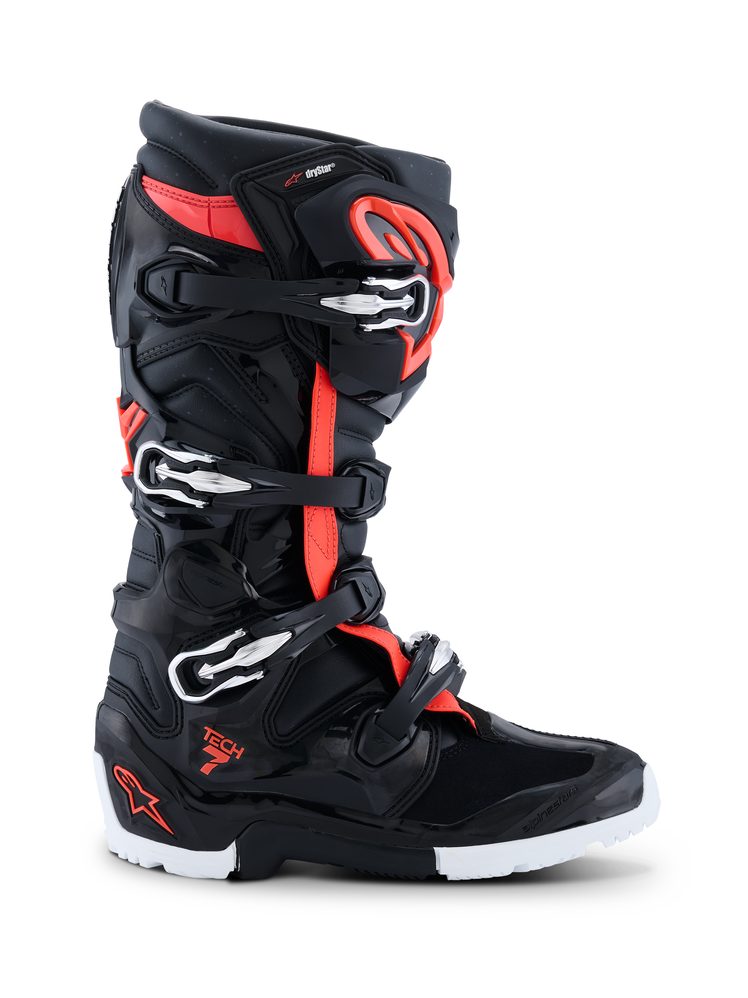 Botas Alpinestars 2026 Tech 7 Enduro Drystar®, calzado de motocross y enduro, negro, rojo flúor y blanco, perfil lateral que muestra cuatro hebillas plateadas y negras, carcasa reforzada de TPU y suela robusta blanca y negra específica para enduro, con marca Drystar y logo Tech 7