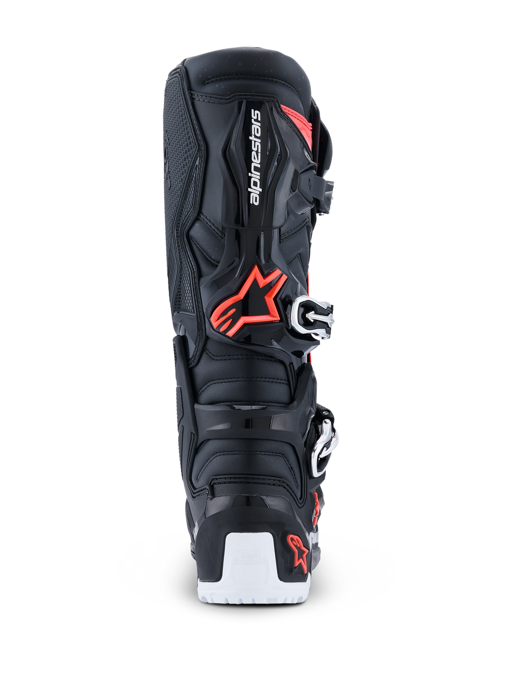 Botas Alpinestars 2026 Tech 7 Enduro Drystar®, botas de motocross enduro, negro, rojo flúor y blanco, vista trasera que destaca la carcasa protectora de TPU, el logotipo de Alpinestars, la zona de pivote biomecánico y el refuerzo blanco de la suela inferior.