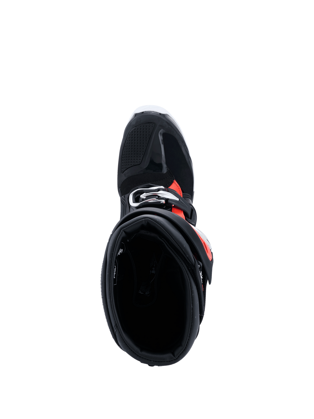 Botas Alpinestars Tech 7 Enduro Drystar® 2026, negro rojo flúor blanco, vista superior hacia el interior del cuello de la bota, mostrando la amplia apertura de entrada y el acolchado interior, calzado protector de enduro para conducción off-road