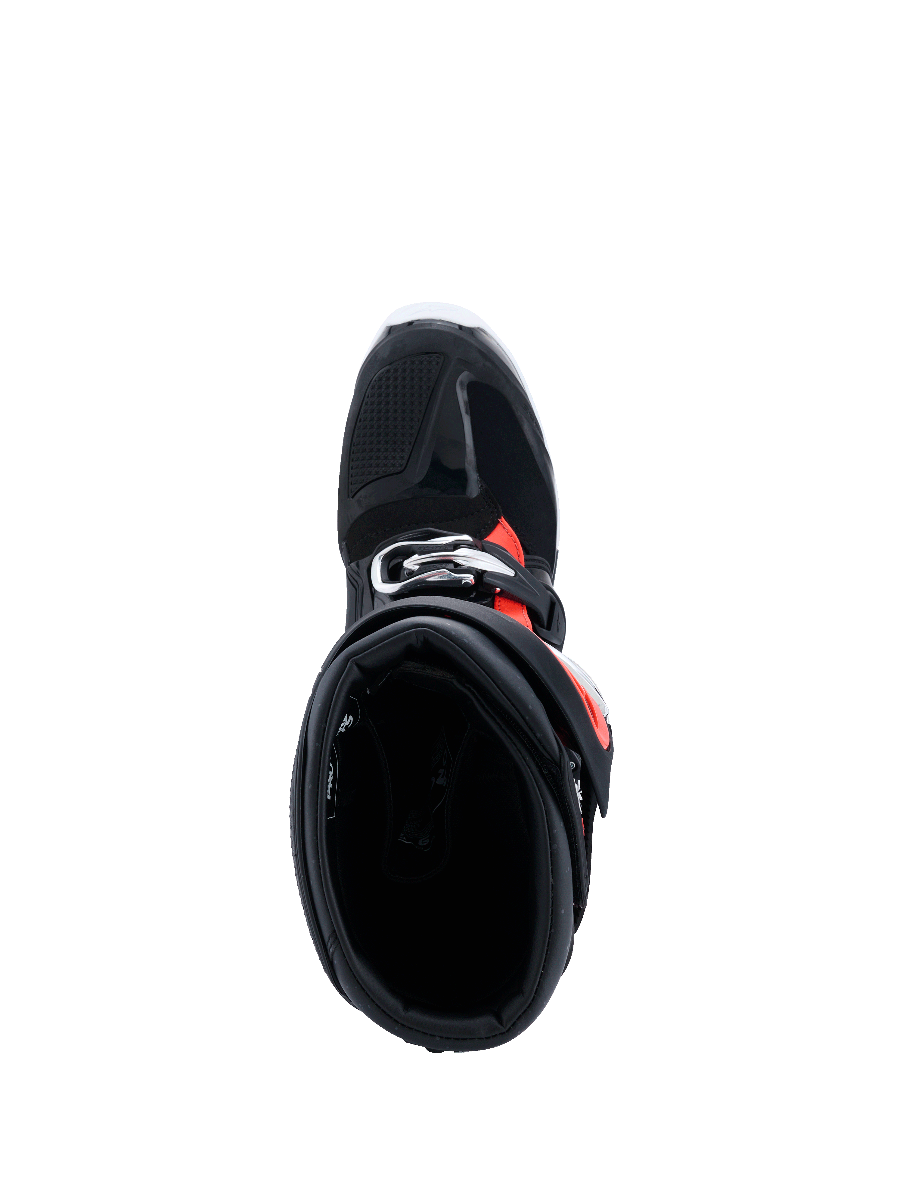 Botas Alpinestars Tech 7 Enduro Drystar® 2026, negro rojo flúor blanco, vista superior hacia el interior del cuello de la bota, mostrando la amplia apertura de entrada y el acolchado interior, calzado protector de enduro para conducción off-road