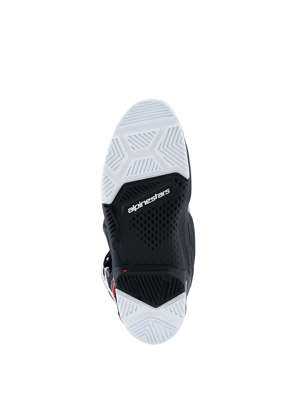 Botas Alpinestars 2026 Tech 7 Enduro Drystar®, vista de la suela inferior, compuesto de goma de doble densidad en blanco y negro, patrones de agarre geométricos texturizados, logotipo de Alpinestars e indicador de límite de desgaste, diseñadas para tracción off-road y enduro