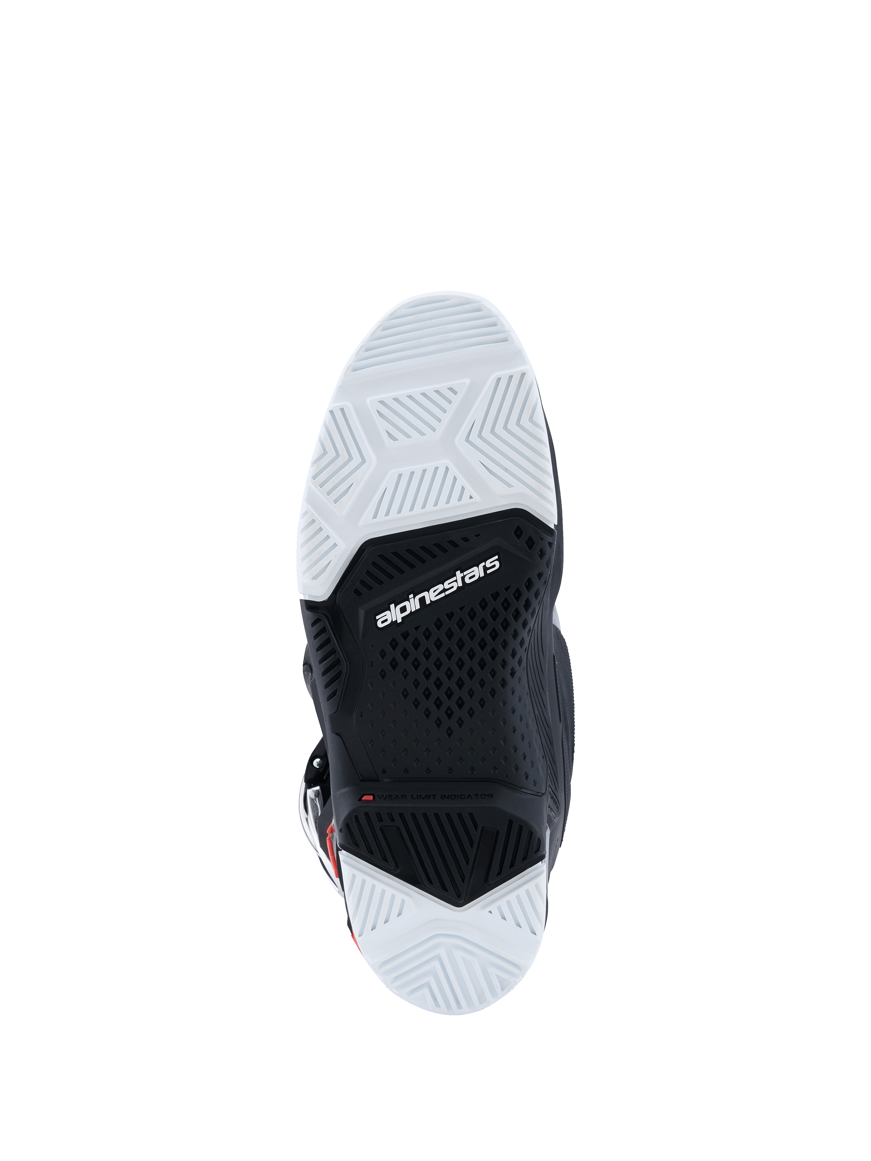 Botas Alpinestars 2026 Tech 7 Enduro Drystar®, vista de la suela inferior, compuesto de goma de doble densidad en blanco y negro, patrones de agarre geométricos texturizados, logotipo de Alpinestars e indicador de límite de desgaste, diseñadas para tracción off-road y enduro