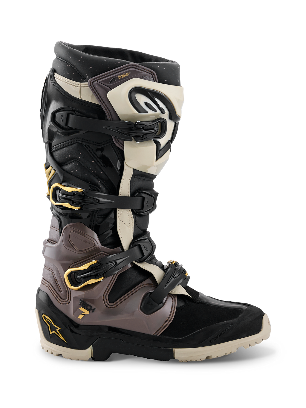 Botas Alpinestars 2026 Tech 7 Enduro Drystar®, botas de motocross y enduro, negro, gris oscuro y dorado, con un sistema de cierre de múltiples hebillas con detalles dorados, suela de doble compuesto resistente y paneles protectores de TPU duraderos, calzado profesional para conducción off-road