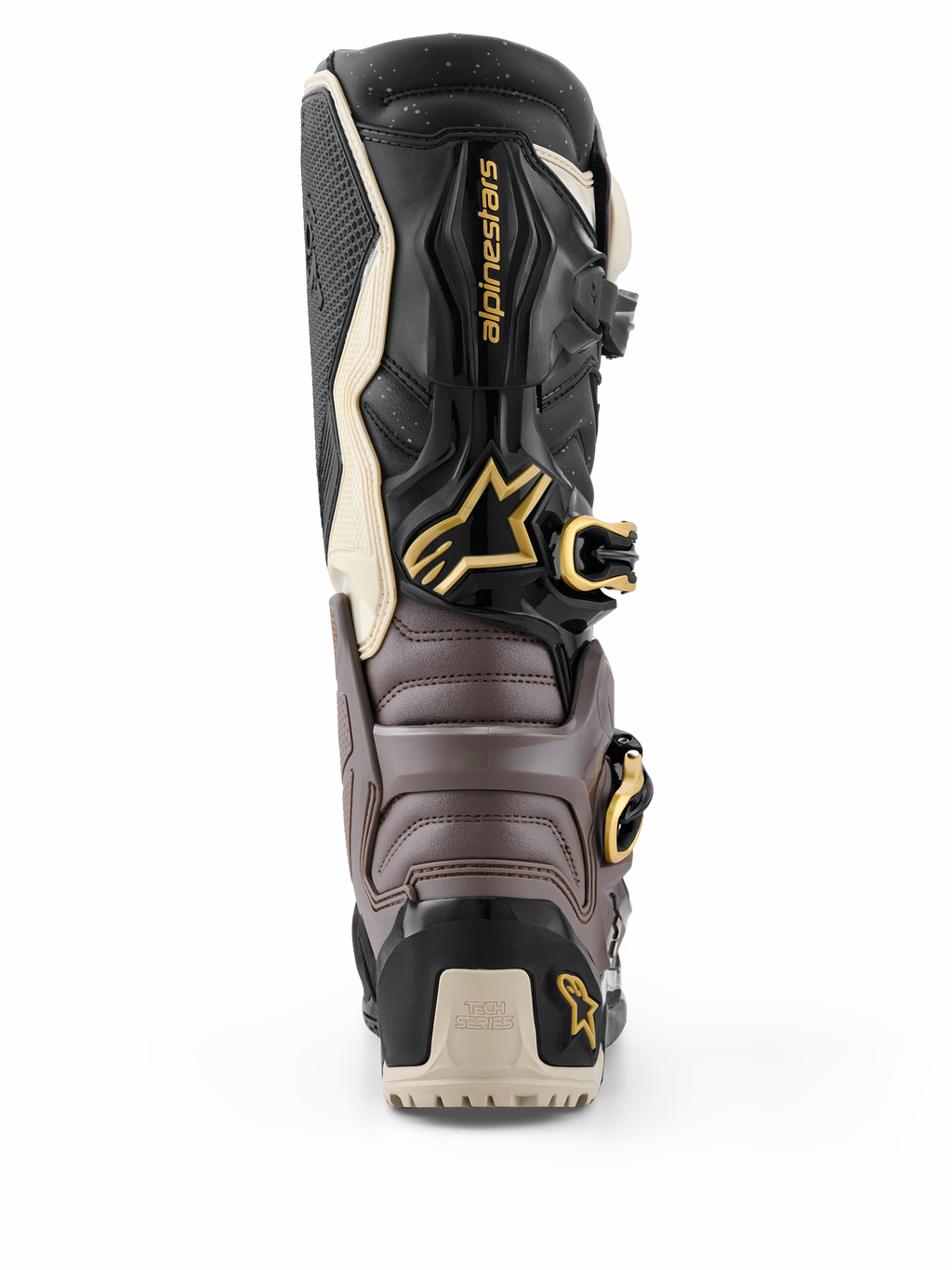 Botas Alpinestars 2026 Tech 7 Enduro Drystar®, negro, gris oscuro y dorado, vista trasera que muestra la estructura protectora de TPU, hebillas doradas y logotipo de Alpinestars, calzado de enduro de alto rendimiento