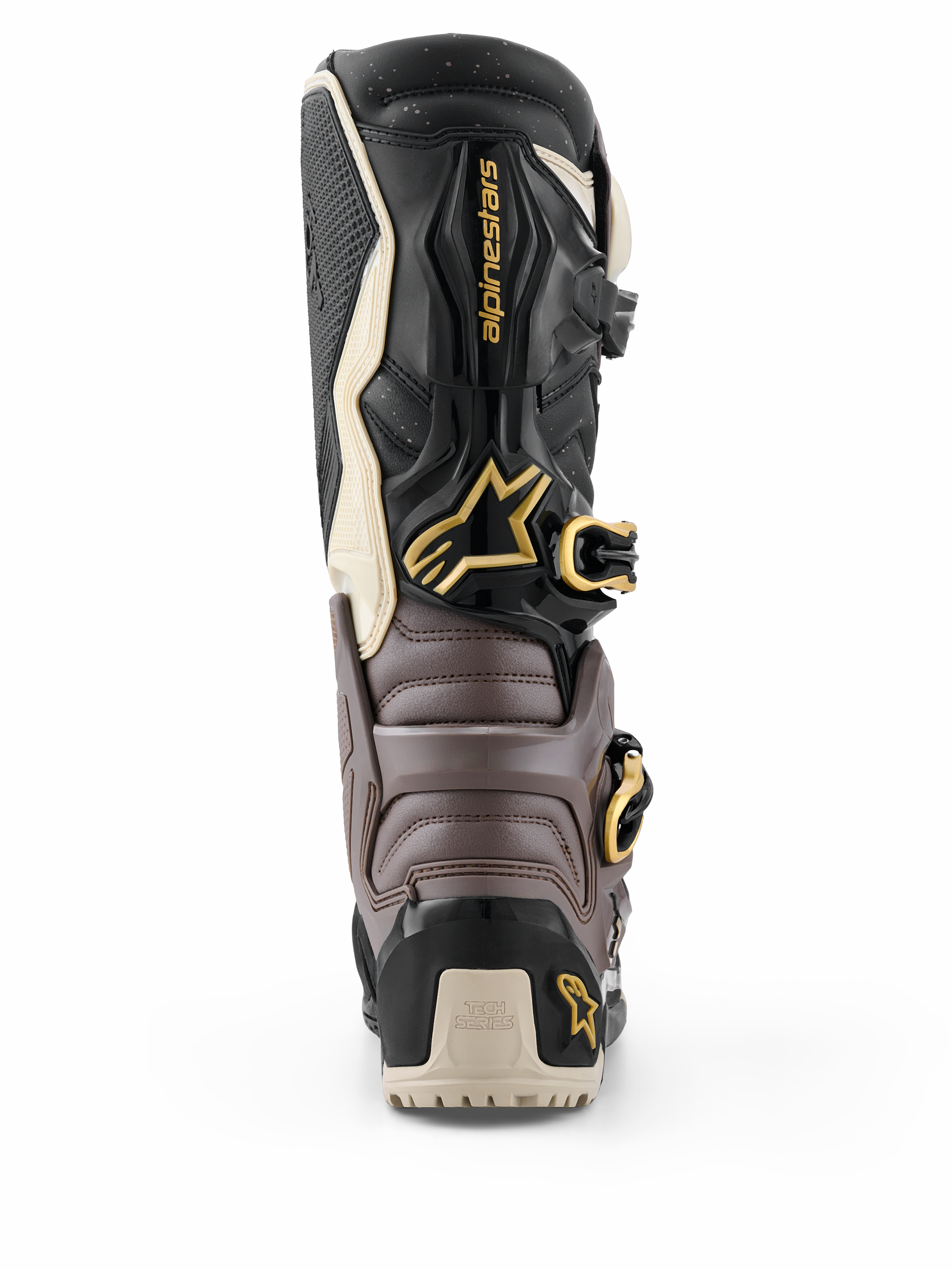 Botas Alpinestars 2026 Tech 7 Enduro Drystar®, negro, gris oscuro y dorado, vista trasera que muestra la estructura protectora de TPU, hebillas doradas y logotipo de Alpinestars, calzado de enduro de alto rendimiento