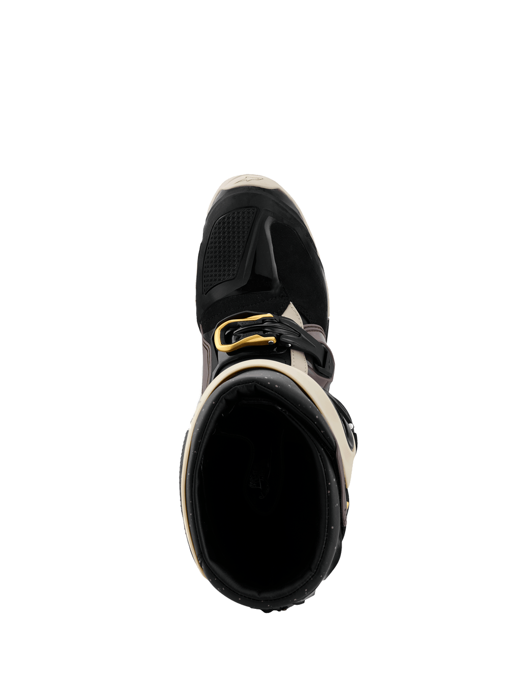 Botas Alpinestars Tech 7 Enduro Drystar® 2026, negro, gris oscuro y dorado, vista superior hacia el interior de la bota, con detalle de hebilla dorada, forro interno y puntera protectora de TPU.