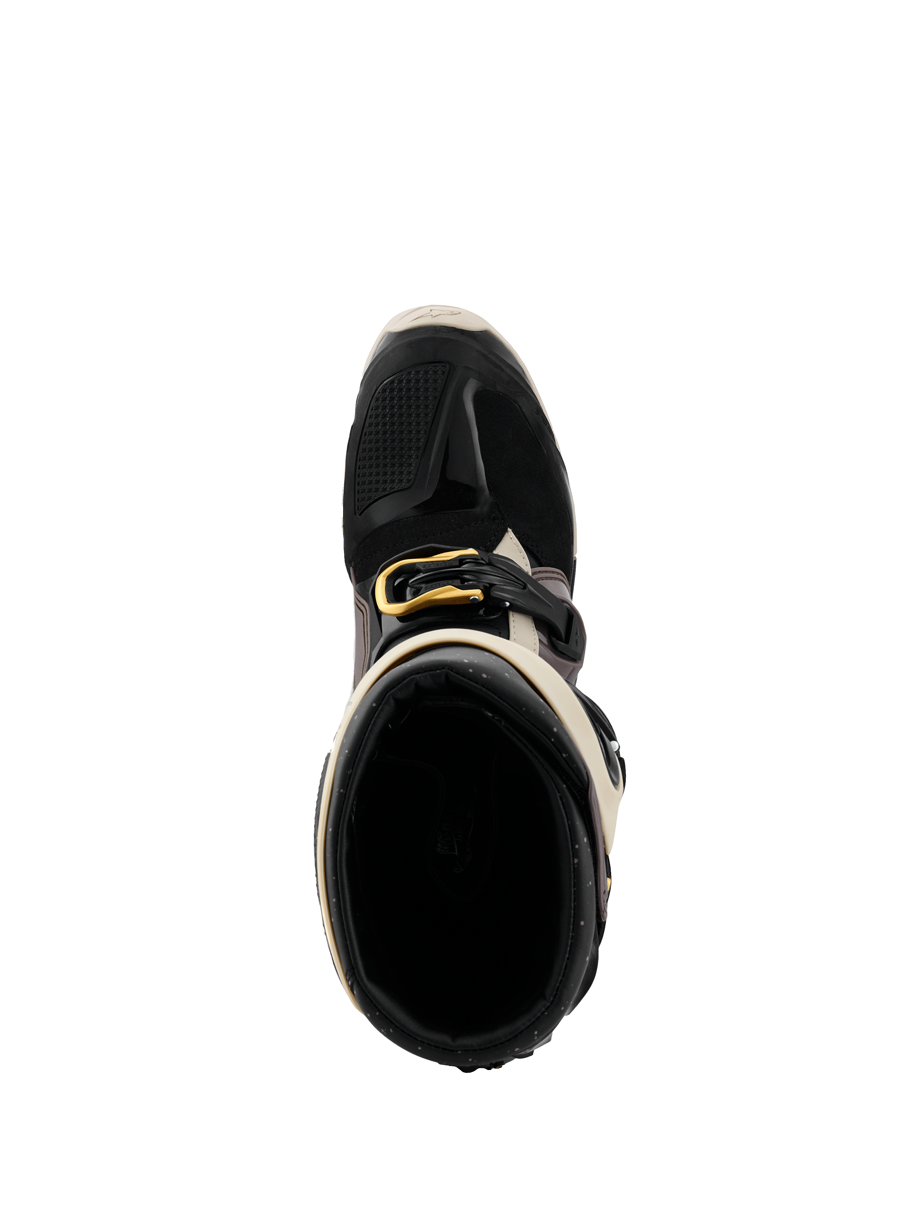 Botas Alpinestars Tech 7 Enduro Drystar® 2026, negro, gris oscuro y dorado, vista superior hacia el interior de la bota, con detalle de hebilla dorada, forro interno y puntera protectora de TPU.