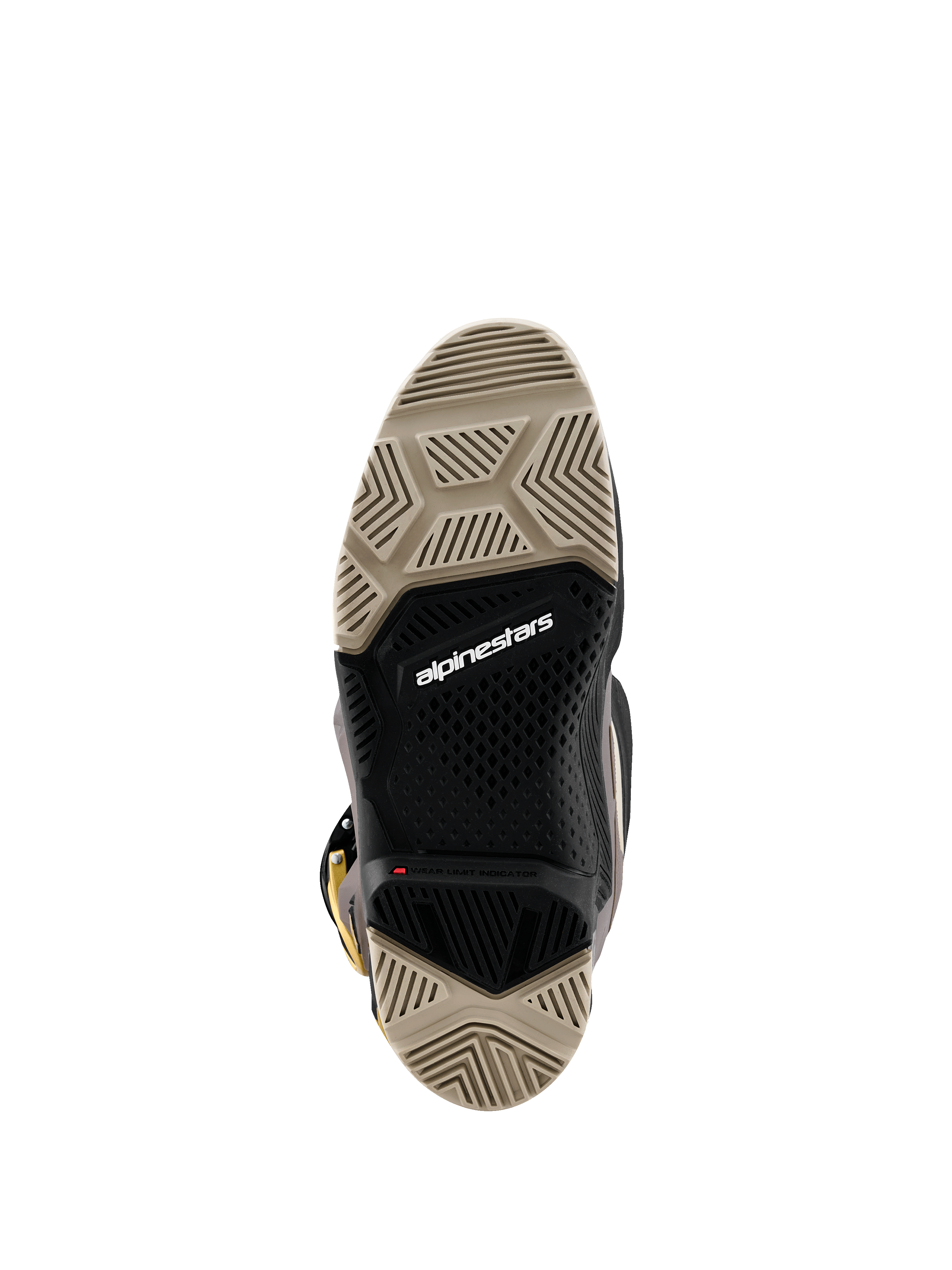 Botas Alpinestars Tech 7 Enduro Drystar® 2026, vista inferior que muestra la suela de doble compuesto, patrones de dibujo especializados en color arena y negro para un máximo agarre, con logotipo de Alpinestars en blanco e indicador de límite de desgaste rojo.