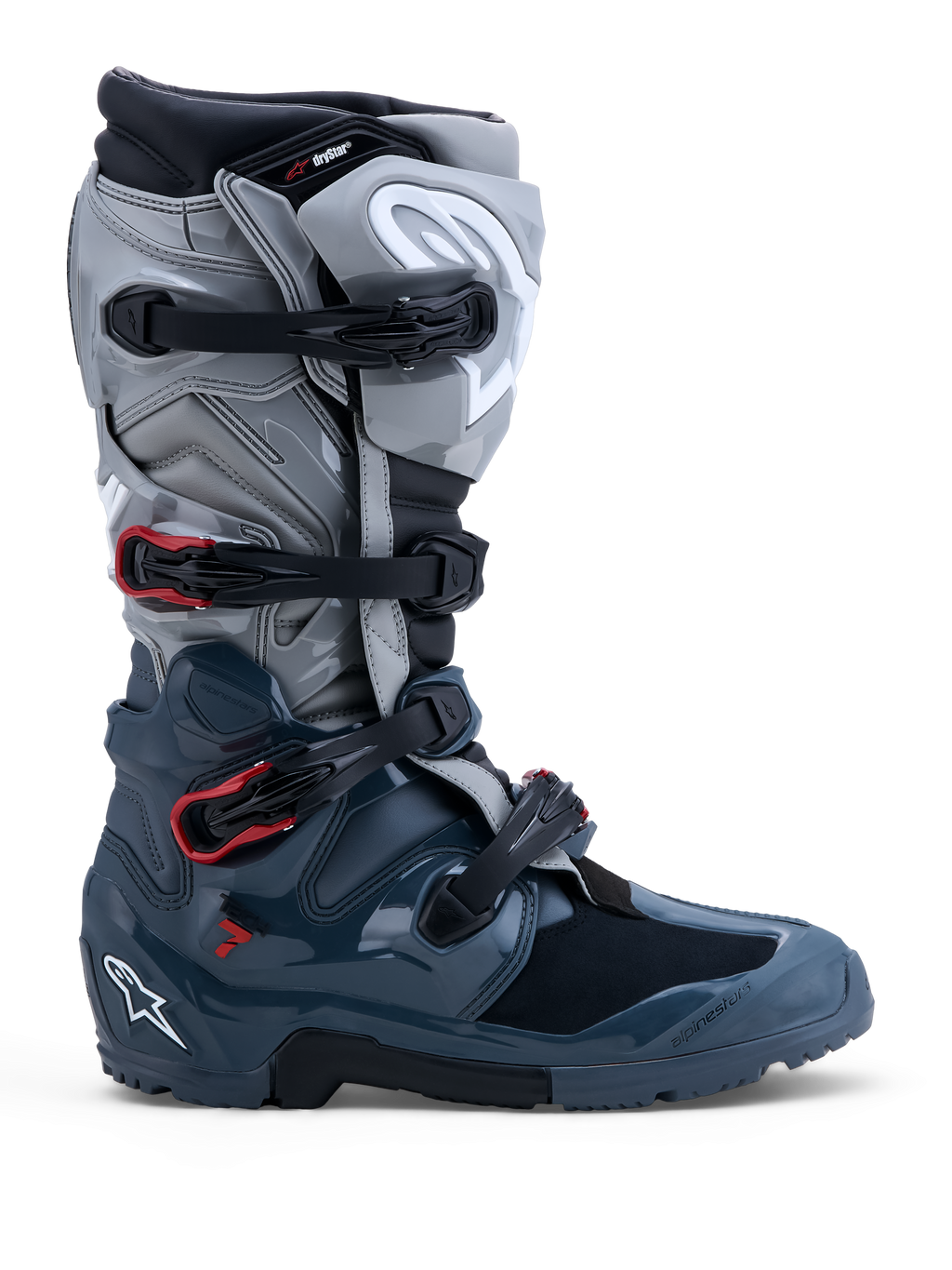 Botas Alpinestars Tech 7 Enduro Drystar, calzado de moto off-road para hombre, gris oscuro y gris medio con detalles rojos, impermeables y certificadas CE