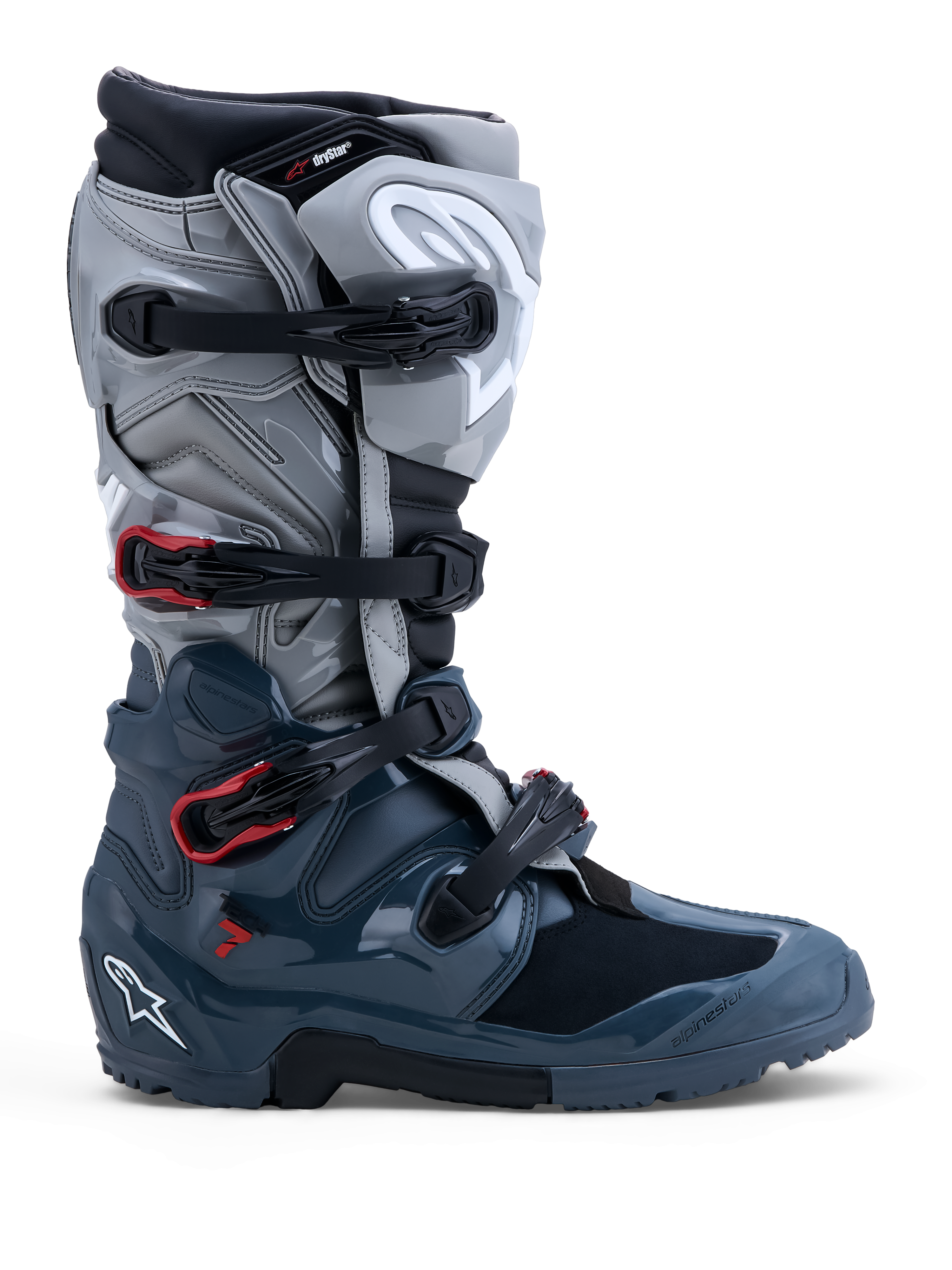 Botas Alpinestars Tech 7 Enduro Drystar, calzado de moto off-road para hombre, gris oscuro y gris medio con detalles rojos, impermeables y certificadas CE