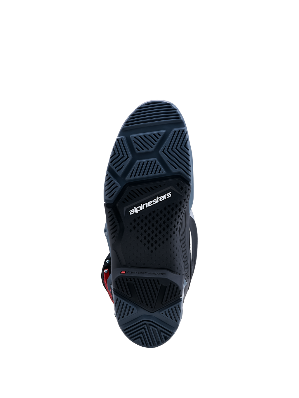 Botas Alpinestars Tech 7 Enduro Drystar, suela de goma gris oscuro y negro con indicador de desgaste para enduro.
