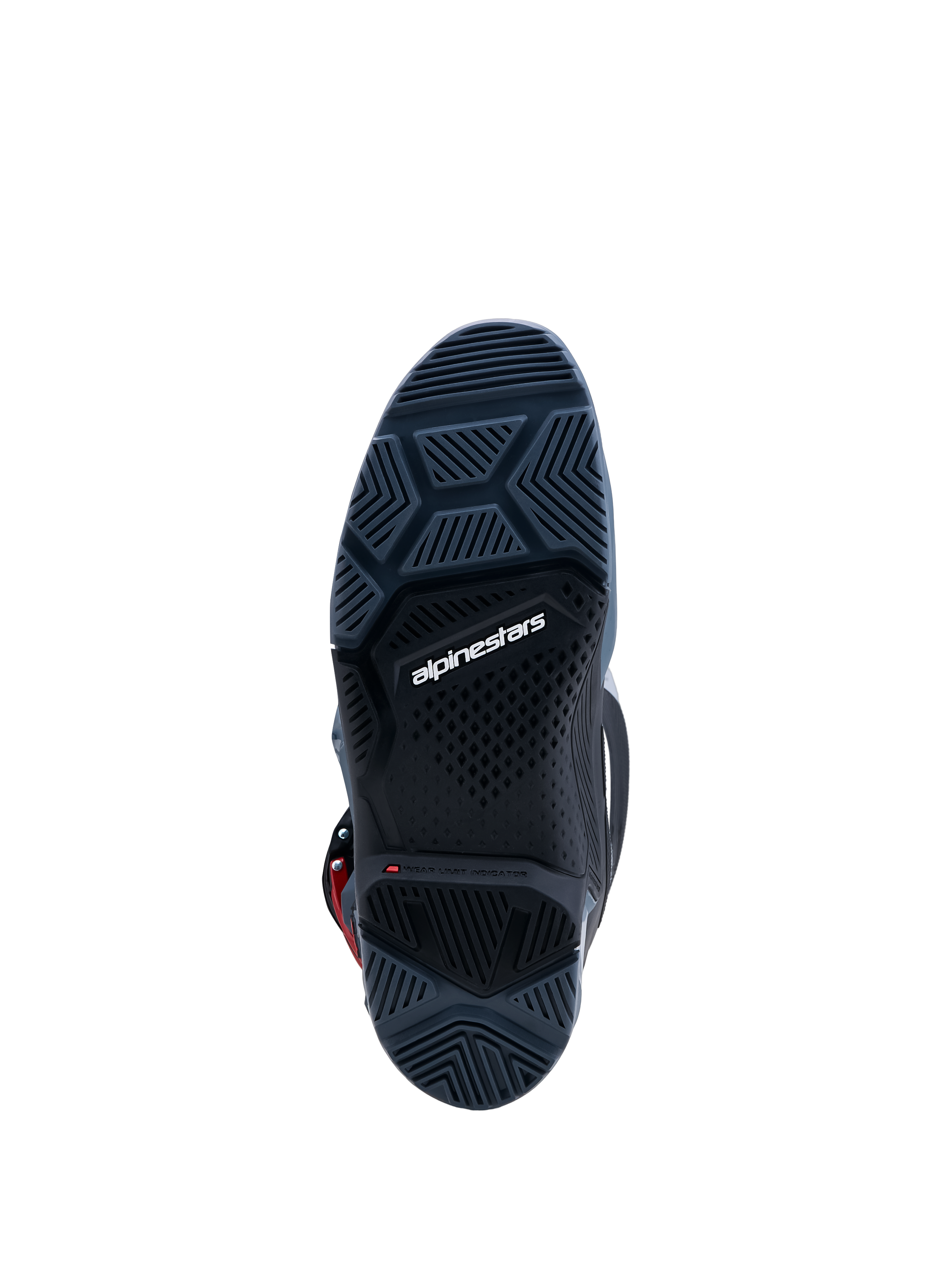 Botas Alpinestars Tech 7 Enduro Drystar, suela de goma gris oscuro y negro con indicador de desgaste para enduro.