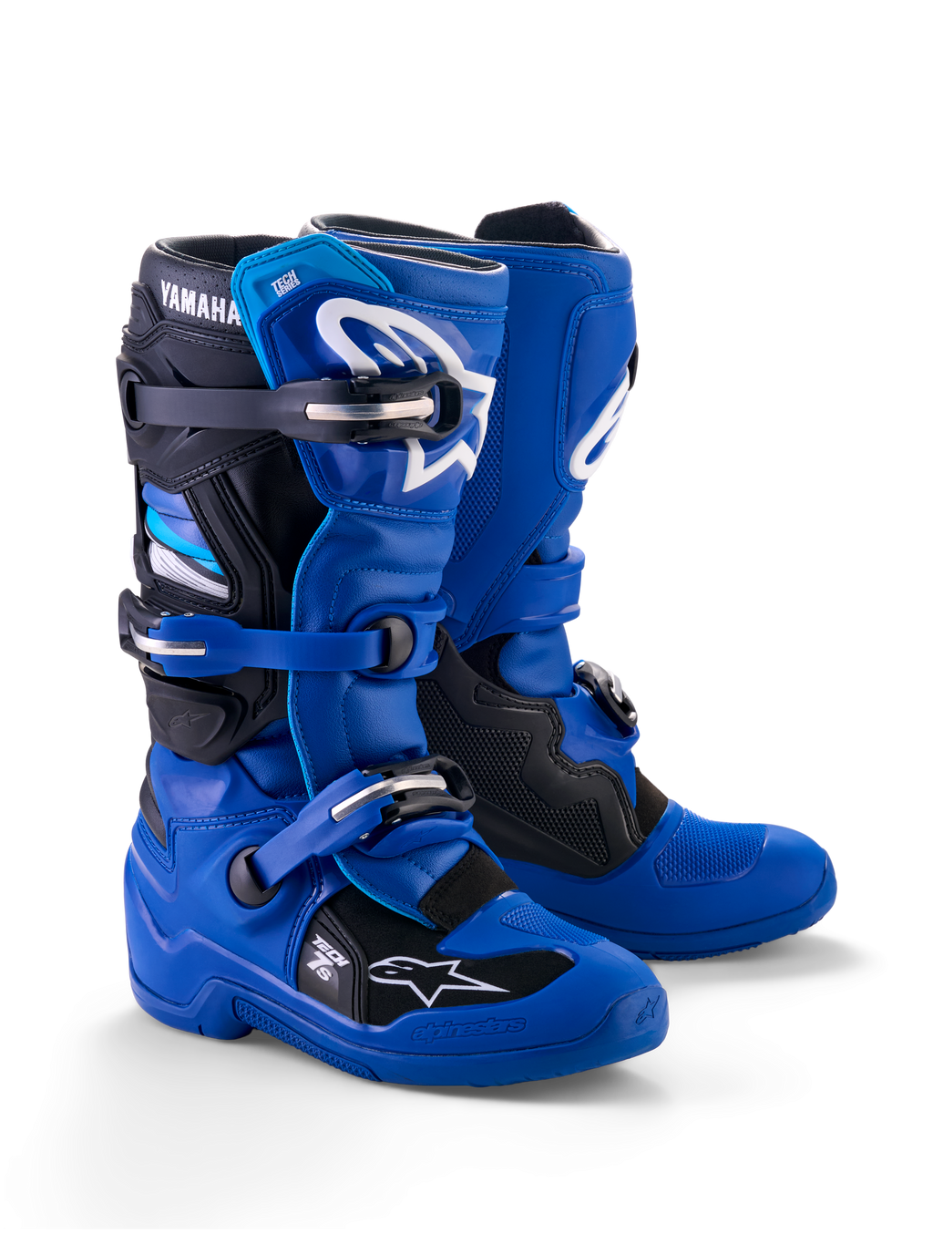 Botas Alpinestars Yamaha Youth Tech 7S, botas de motocross para jóvenes, azul, negro y blanco, con sistema de cierre de múltiples hebillas, carcasa protectora de TPU y logotipos de Alpinestars blancos con la marca Yamaha en la parte superior