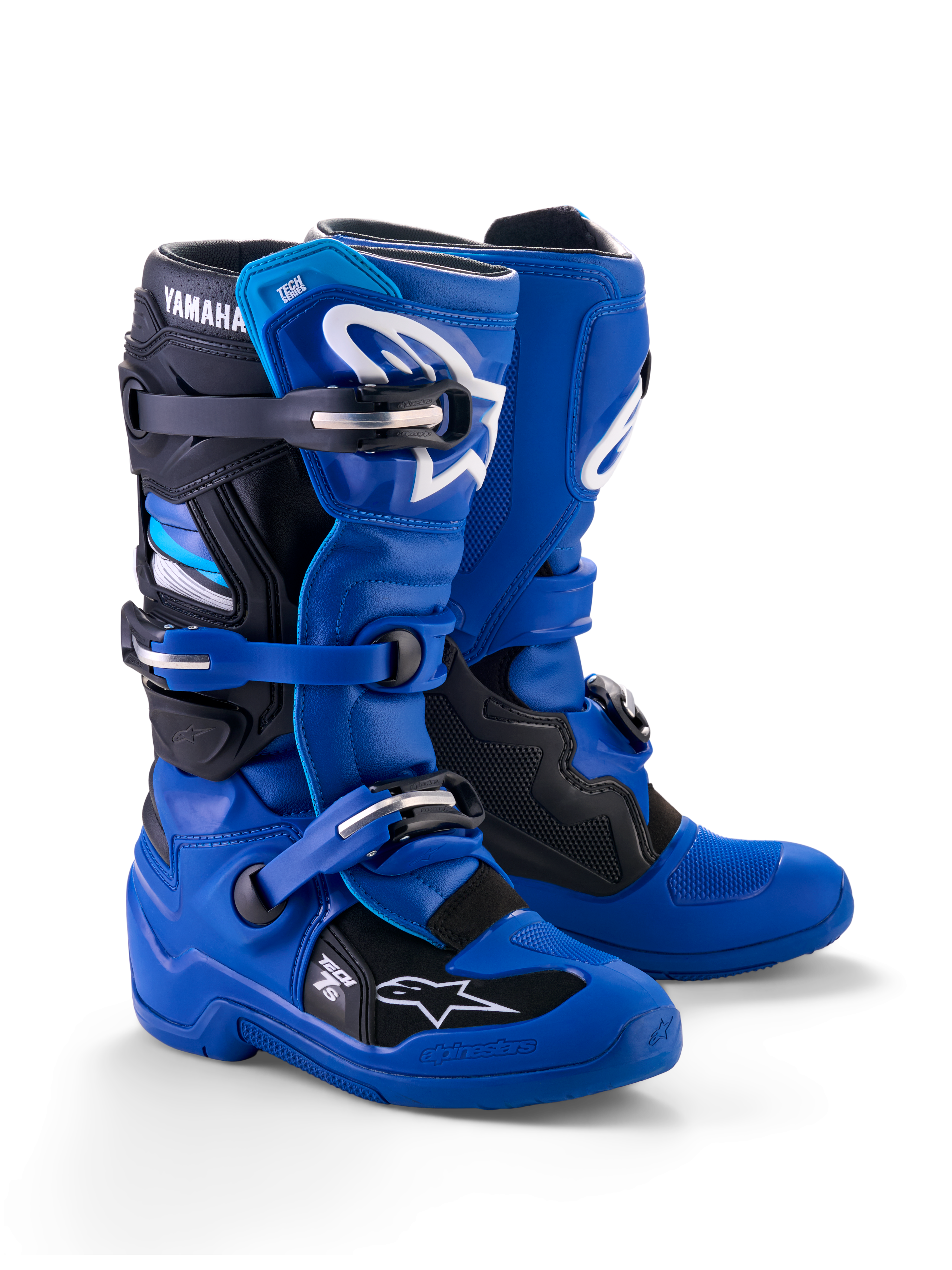 Botas Alpinestars Yamaha Youth Tech 7S, botas de motocross para jóvenes, azul, negro y blanco, con sistema de cierre de múltiples hebillas, carcasa protectora de TPU y logotipos de Alpinestars blancos con la marca Yamaha en la parte superior