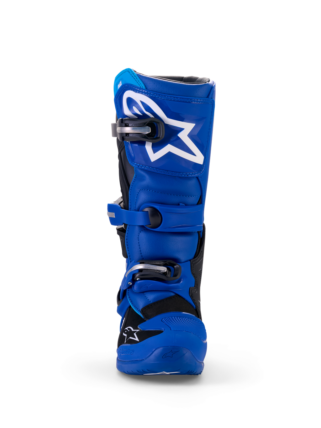 Botas Alpinestars Yamaha Youth Tech 7S, botas de motocross, azul, negro y blanco, vista frontal que muestra la placa de espinilla de TPU con el logo de estrella blanca, sistema de cierre de hebillas ajustables y construcción protectora duradera para off-road