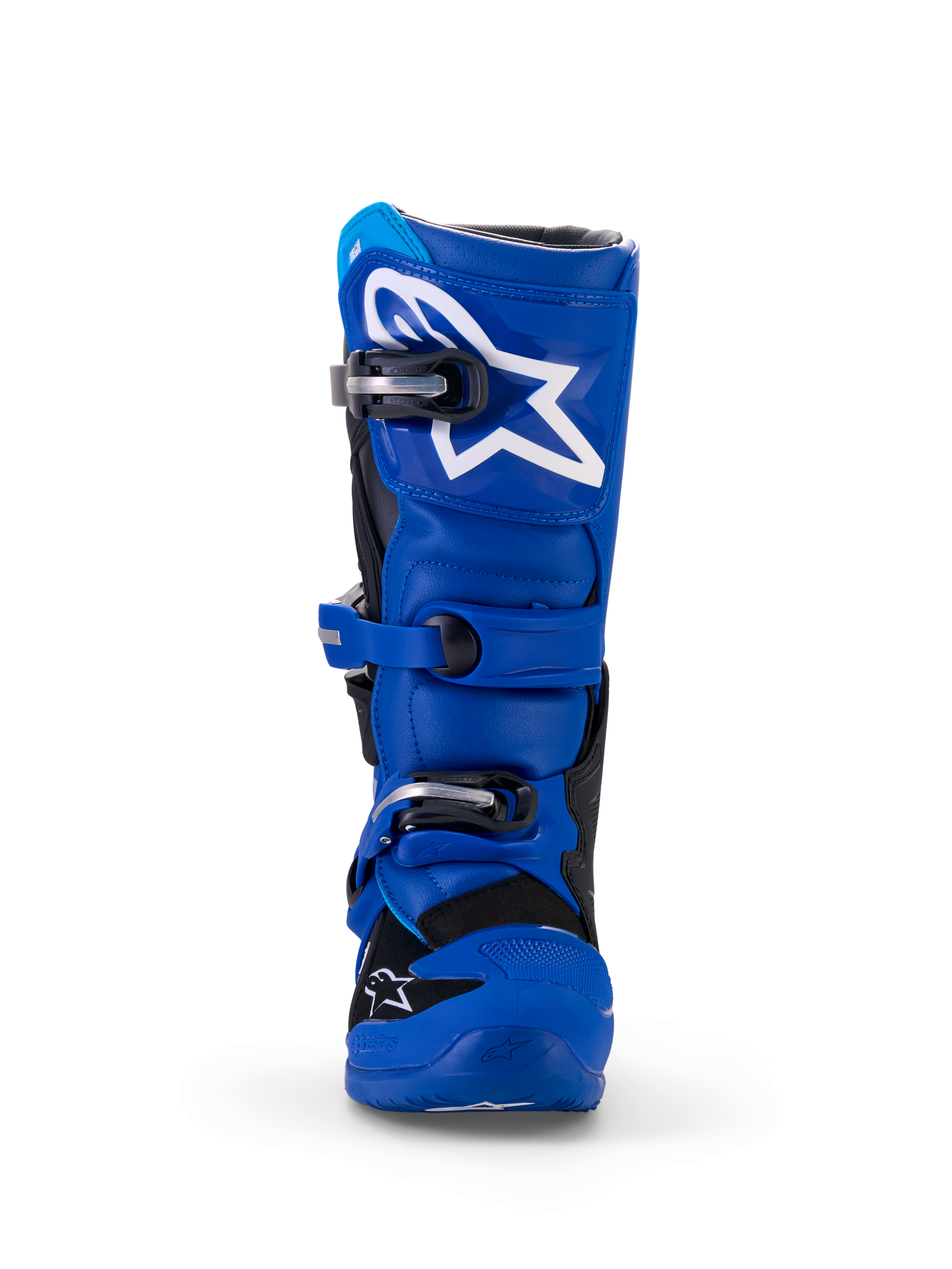 Botas Alpinestars Yamaha Youth Tech 7S, botas de motocross, azul, negro y blanco, vista frontal que muestra la placa de espinilla de TPU con el logo de estrella blanca, sistema de cierre de hebillas ajustables y construcción protectora duradera para off-road