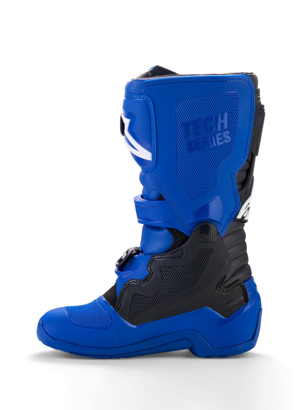 Botas Alpinestars Yamaha Youth Tech 7S, botas de motocross juveniles, azules con detalles en negro y blanco, vista de perfil lateral, con logotipo 'Tech Series' en relieve, paneles protectores de TPU, sistema de cierre de hebillas y suela azul duradera para rendimiento off-road.
