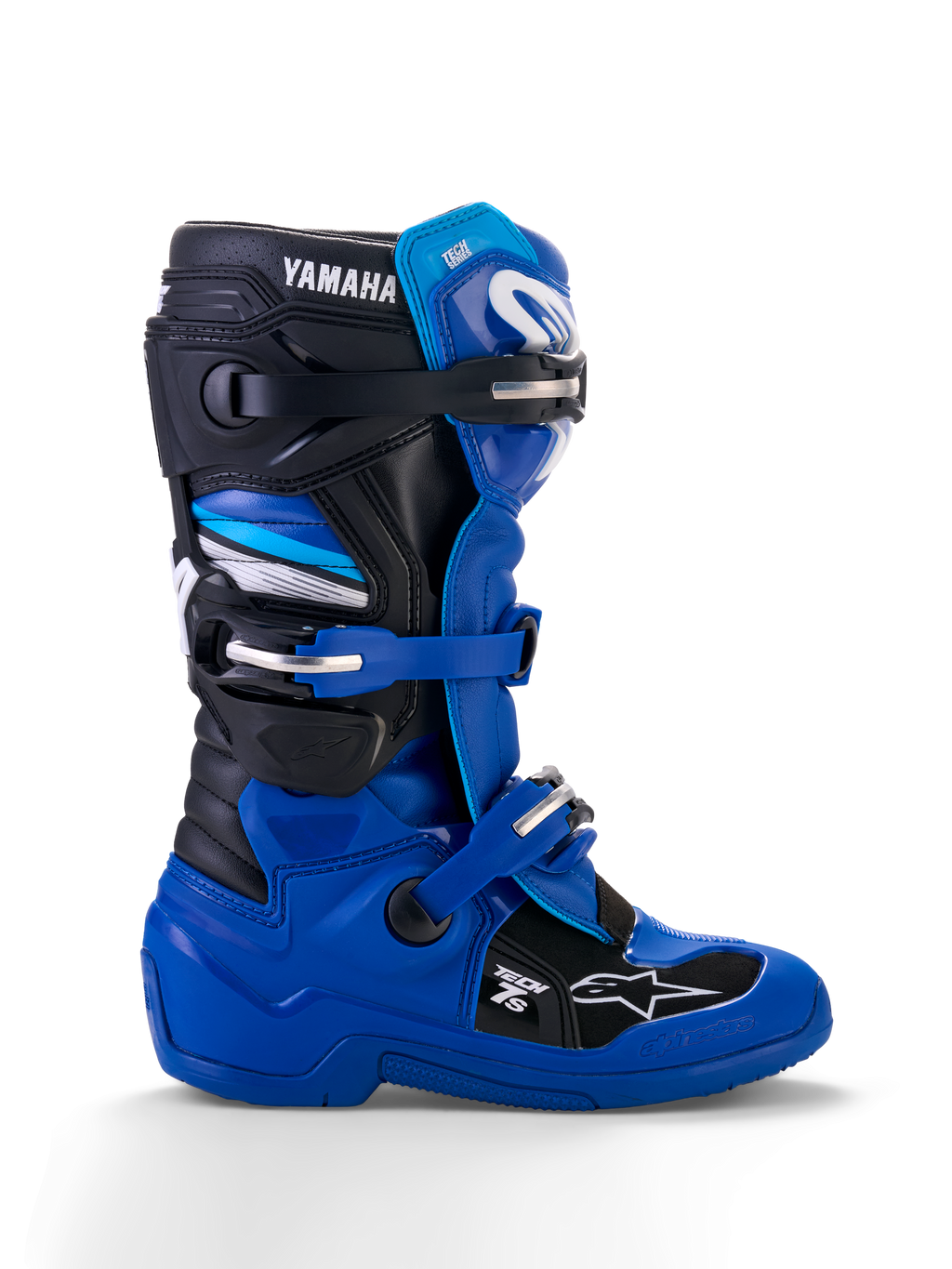 Botas Alpinestars Yamaha Youth Tech 7S, botas de motocross, azul, negro y blanco, vista de perfil lateral con hebillas ajustables, protección de TPU, marca Yamaha y suela reforzada para rendimiento todoterreno