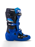 Botas Alpinestars Yamaha Youth Tech 7S, botas de motocross, azul, negro y blanco, vista de perfil lateral con hebillas ajustables, protección de TPU, marca Yamaha y suela reforzada para rendimiento todoterreno