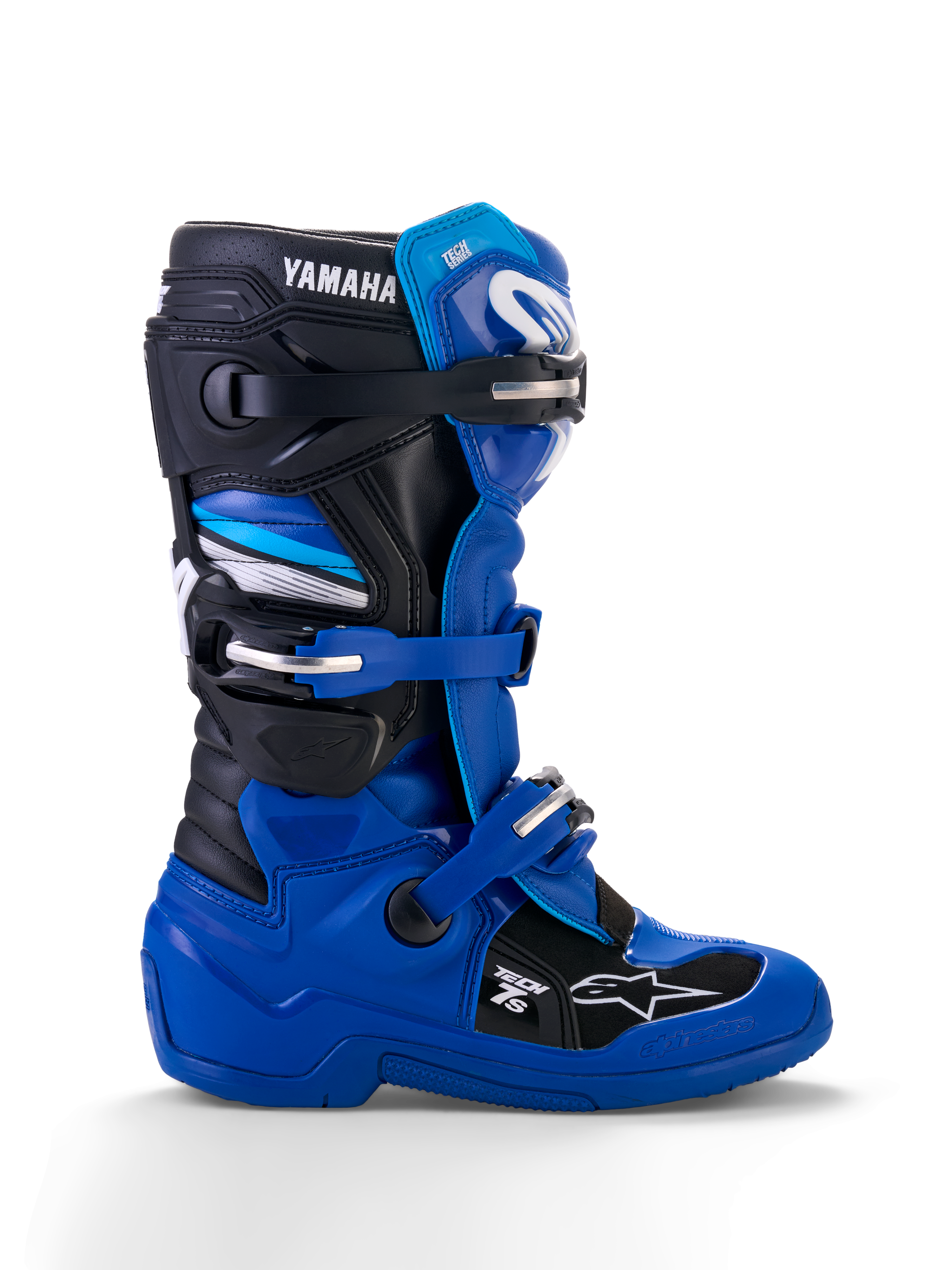 Botas Alpinestars Yamaha Youth Tech 7S, botas de motocross, azul, negro y blanco, vista de perfil lateral con hebillas ajustables, protección de TPU, marca Yamaha y suela reforzada para rendimiento todoterreno