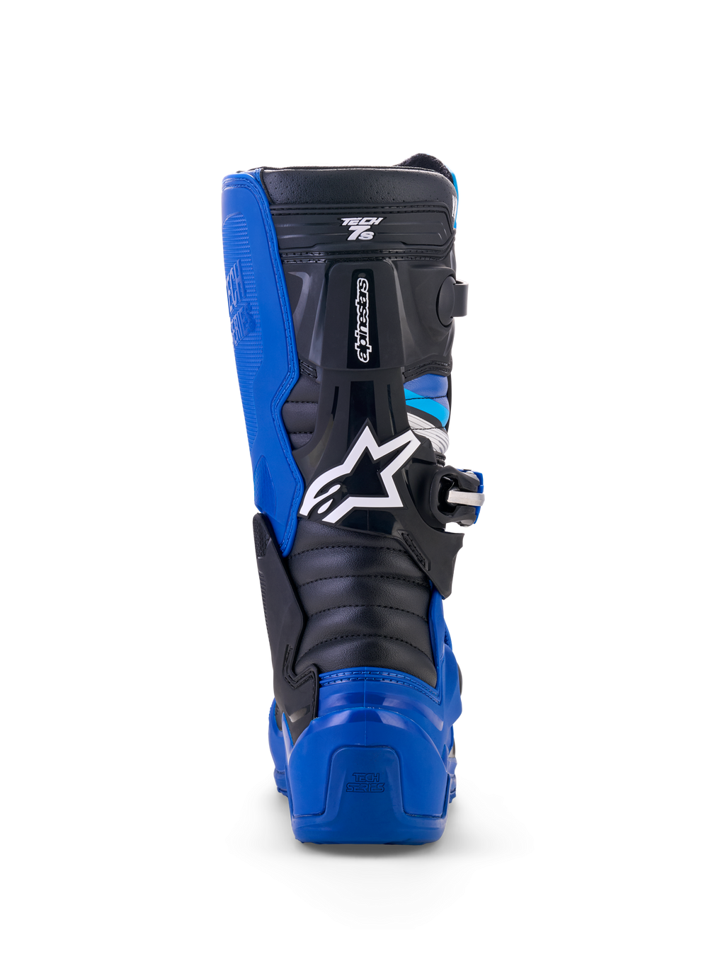 Botas Alpinestars Yamaha Youth Tech 7S, botas de motocross, azul, negro y blanco, vista trasera que resalta la protección de TPU en el talón y la pantorrilla, logotipo de estrella blanca y diseño de sistema de pivote duradero