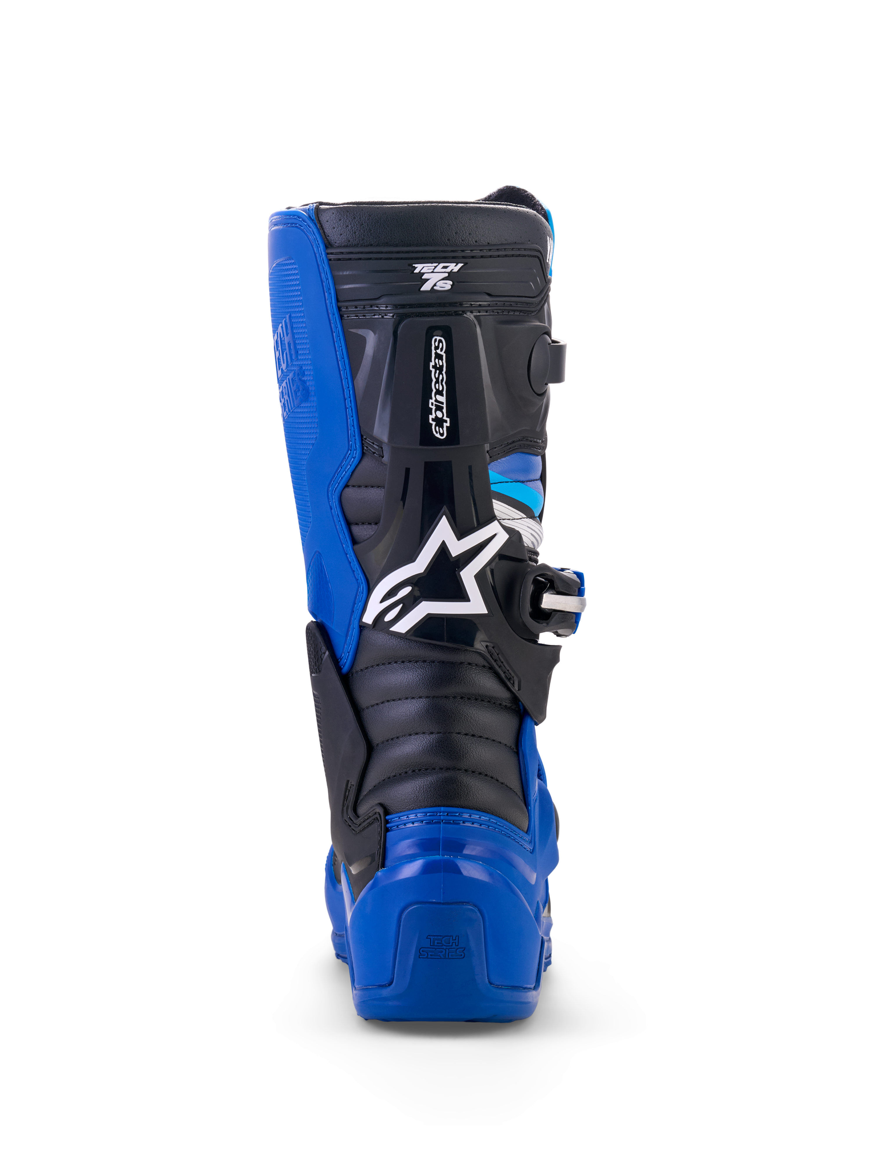 Botas Alpinestars Yamaha Youth Tech 7S, botas de motocross, azul, negro y blanco, vista trasera que resalta la protección de TPU en el talón y la pantorrilla, logotipo de estrella blanca y diseño de sistema de pivote duradero