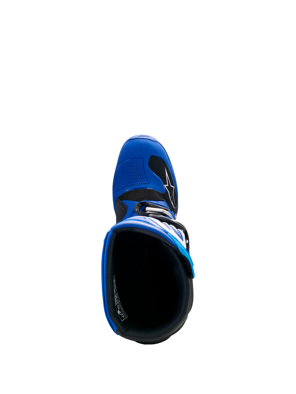 Botas Alpinestars Yamaha Youth Tech 7S, azul, negro y blanco, vista superior hacia el interior de la bota, mostrando el forro interno y la puntera de TPU con almohadilla para el cambio, calzado protector de motocross juvenil
