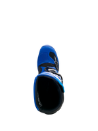 Botas Alpinestars Yamaha Youth Tech 7S, azul, negro y blanco, vista superior hacia el interior de la bota, mostrando el forro interno y la puntera de TPU con almohadilla para el cambio, calzado protector de motocross juvenil