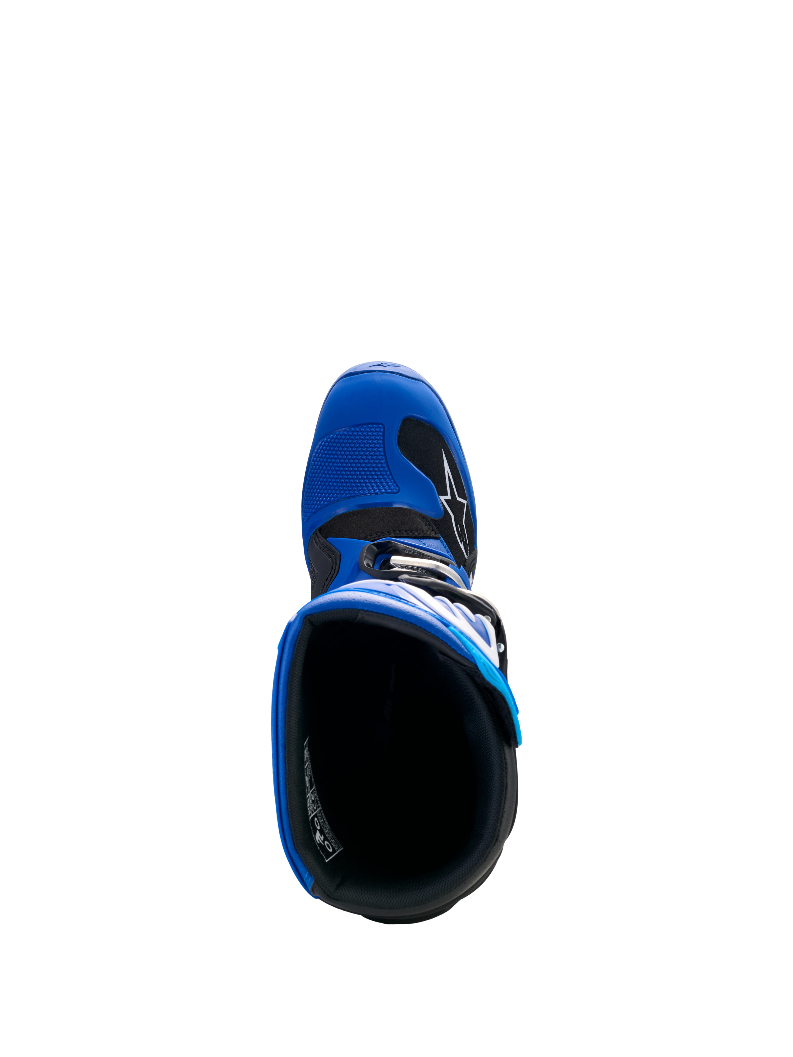 Botas Alpinestars Yamaha Youth Tech 7S, azul, negro y blanco, vista superior hacia el interior de la bota, mostrando el forro interno y la puntera de TPU con almohadilla para el cambio, calzado protector de motocross juvenil