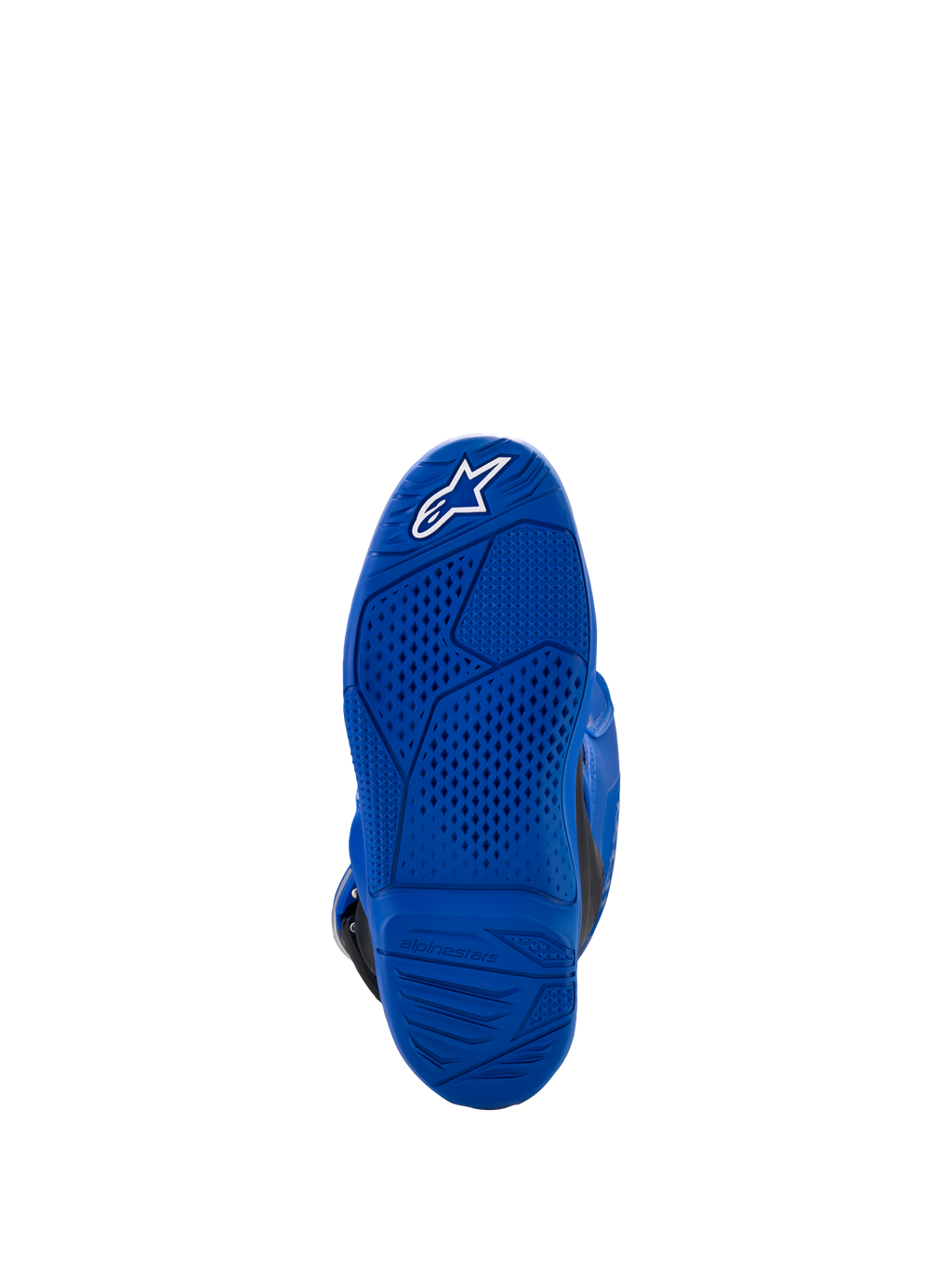 Alpinestars Botas Yamaha Youth Tech 7S, azul, vista de la suela que muestra el patrón de agarre texturizado y el logotipo de estrella blanca, construcción de caucho duradero para conducción todoterreno