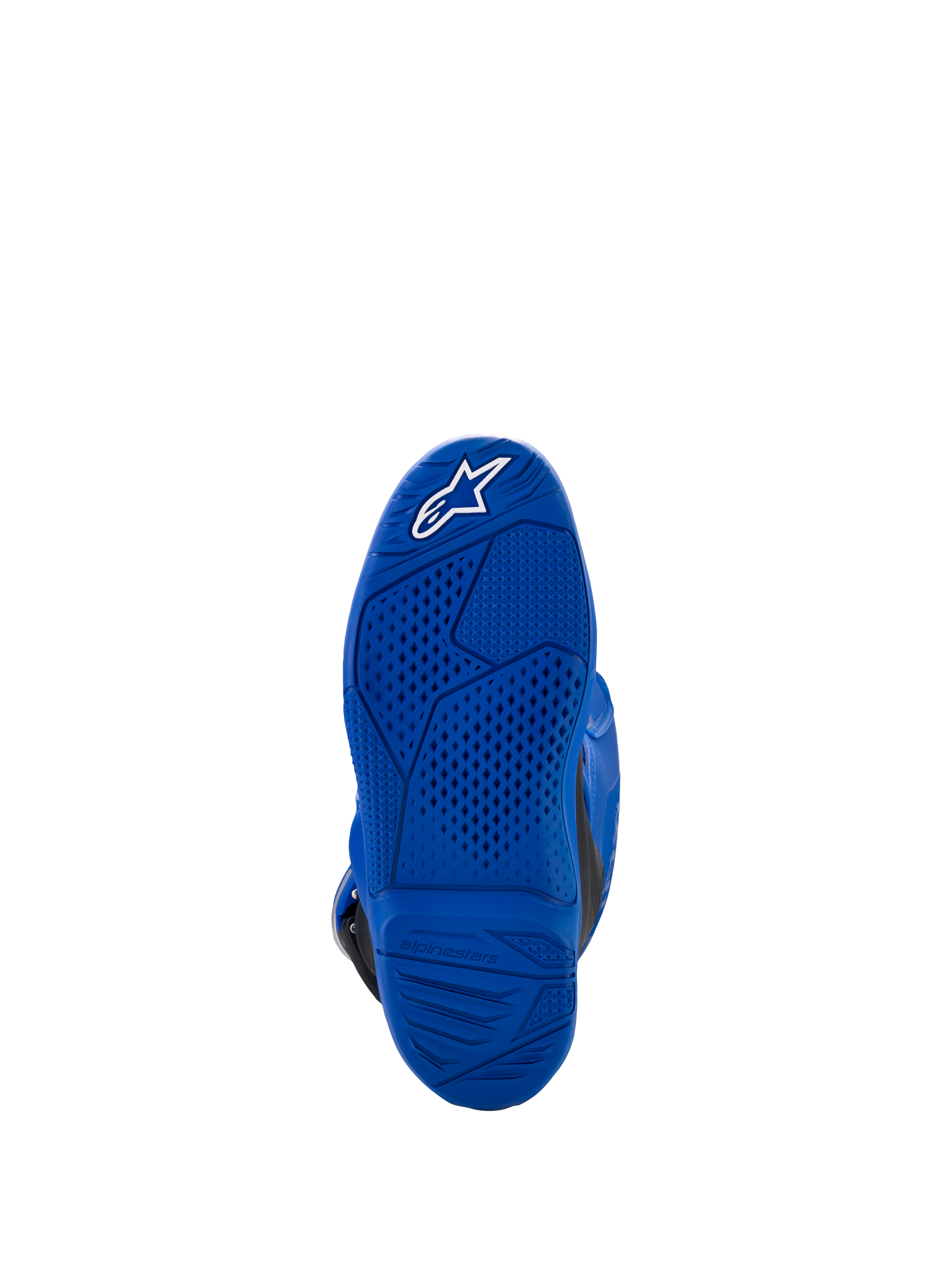 Alpinestars Botas Yamaha Youth Tech 7S, azul, vista de la suela que muestra el patrón de agarre texturizado y el logotipo de estrella blanca, construcción de caucho duradero para conducción todoterreno
