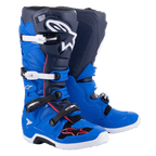 Botas Alpinestars Tech 7, botas de motocross, azul alpino, azul noche y rojo brillante, con hebillas de aluminio blancas y negras, gran logotipo de estrella blanca en la espinilla y suelas blancas duraderas, equipo de protección para carreras off-road