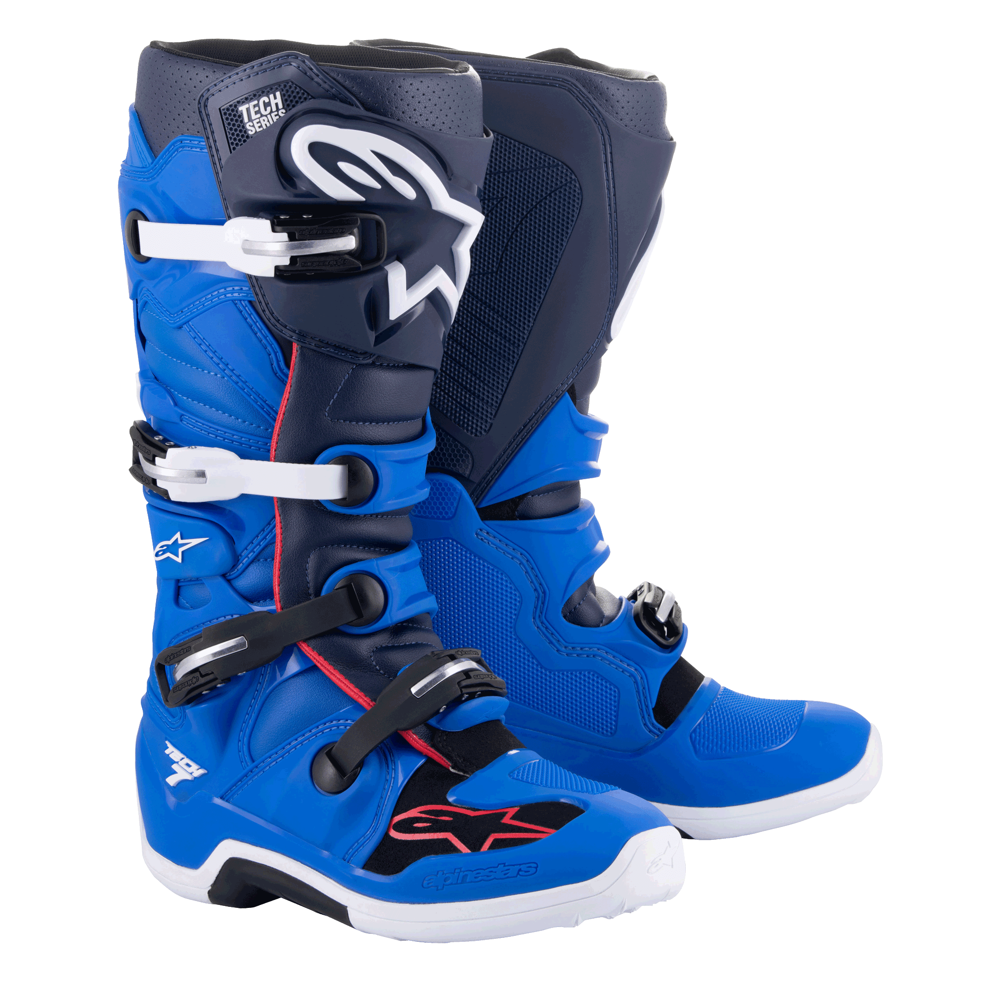 Botas Alpinestars Tech 7, botas de motocross, azul alpino, azul noche y rojo brillante, con hebillas de aluminio blancas y negras, gran logotipo de estrella blanca en la espinilla y suelas blancas duraderas, equipo de protección para carreras off-road