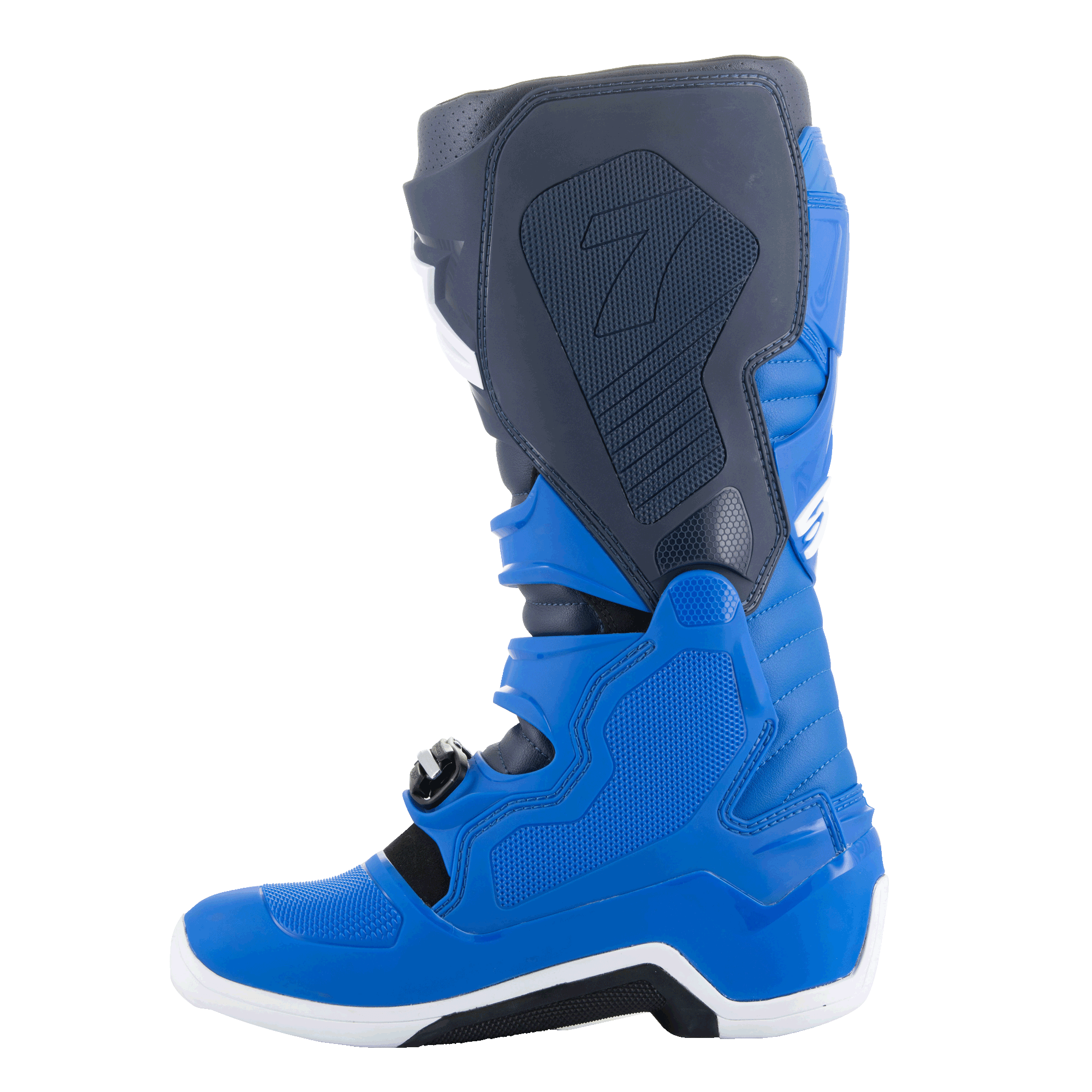 Botas Alpinestars Tech 7, botas de motocross, Alpine Blue, Night Navy y Bright Red, vista lateral interna que muestra los paneles protectores de TPU y la construcción reforzada para carreras todoterreno