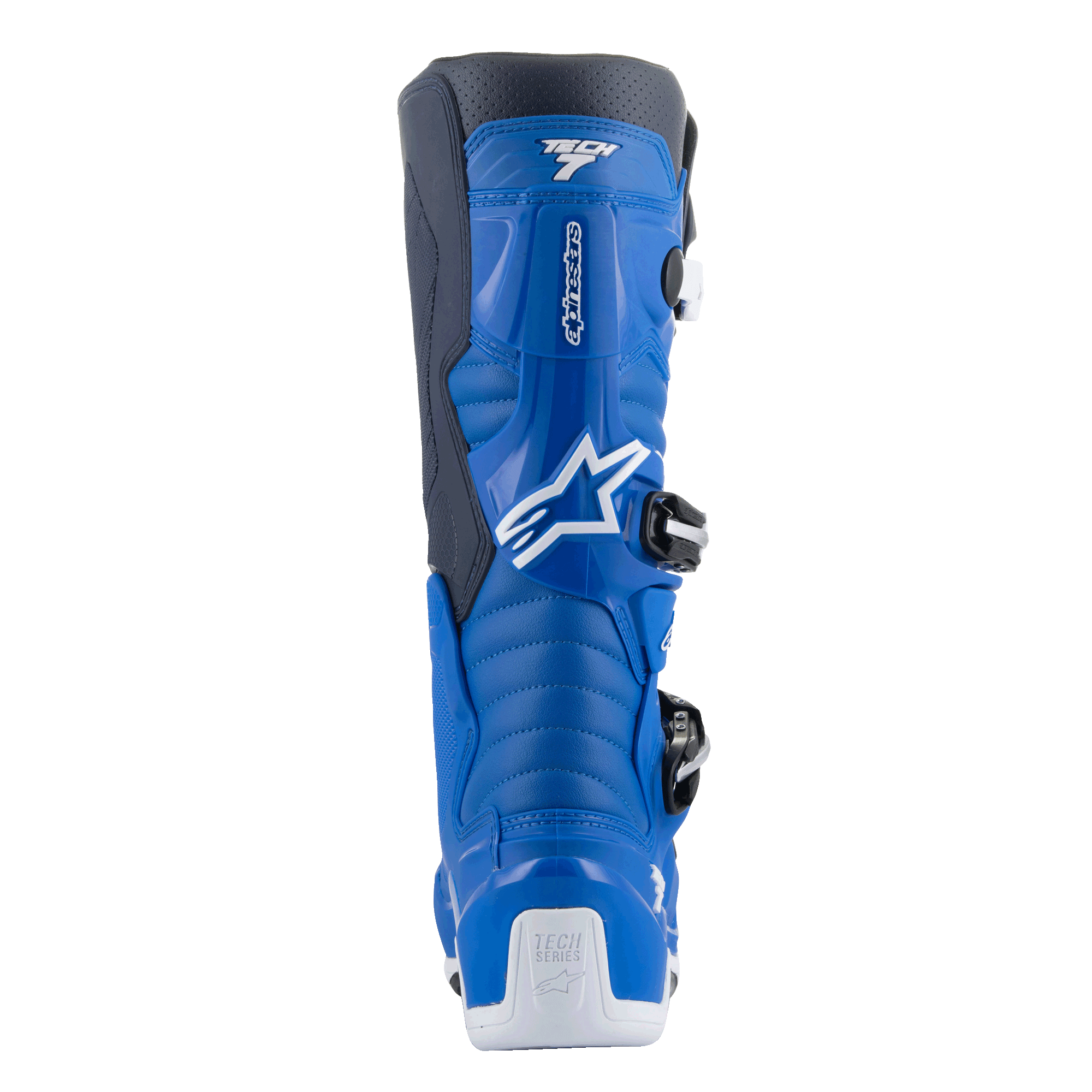 Botas Alpinestars Tech 7, botas de motocross, azul alpino y azul noche con acentos blancos, vista trasera que muestra el protector de pantorrilla contorneado, refuerzo de talón blanco con el logotipo de Tech Series y detalles del sistema de hebillas de entrada lateral.