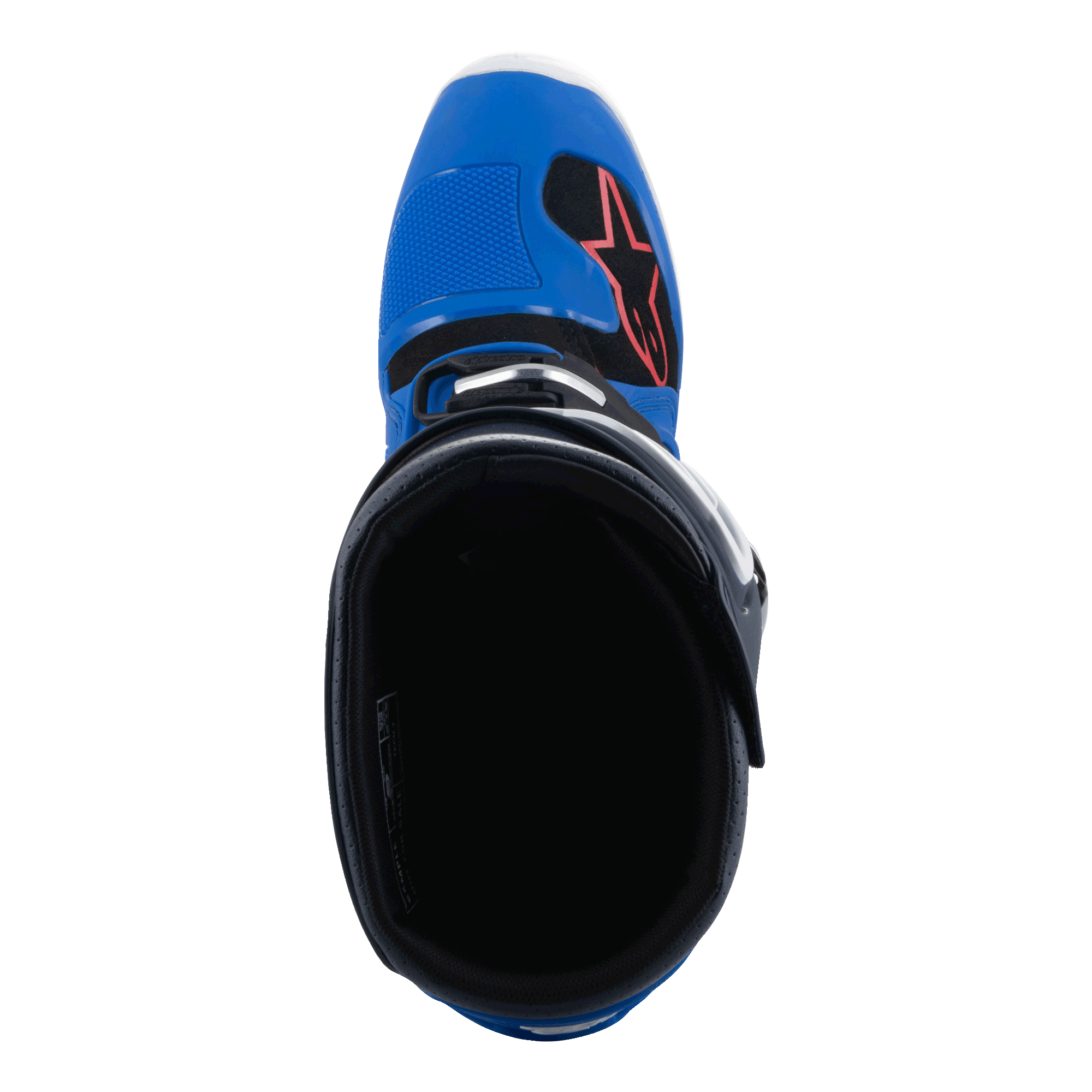 Botas Alpinestars Tech 7, botas de motocross, azul Alpine Night Navy y rojo brillante, vista superior del interior de la bota con puntera azul, logotipo de estrella roja y forro negro, calzado profesional para carreras todoterreno