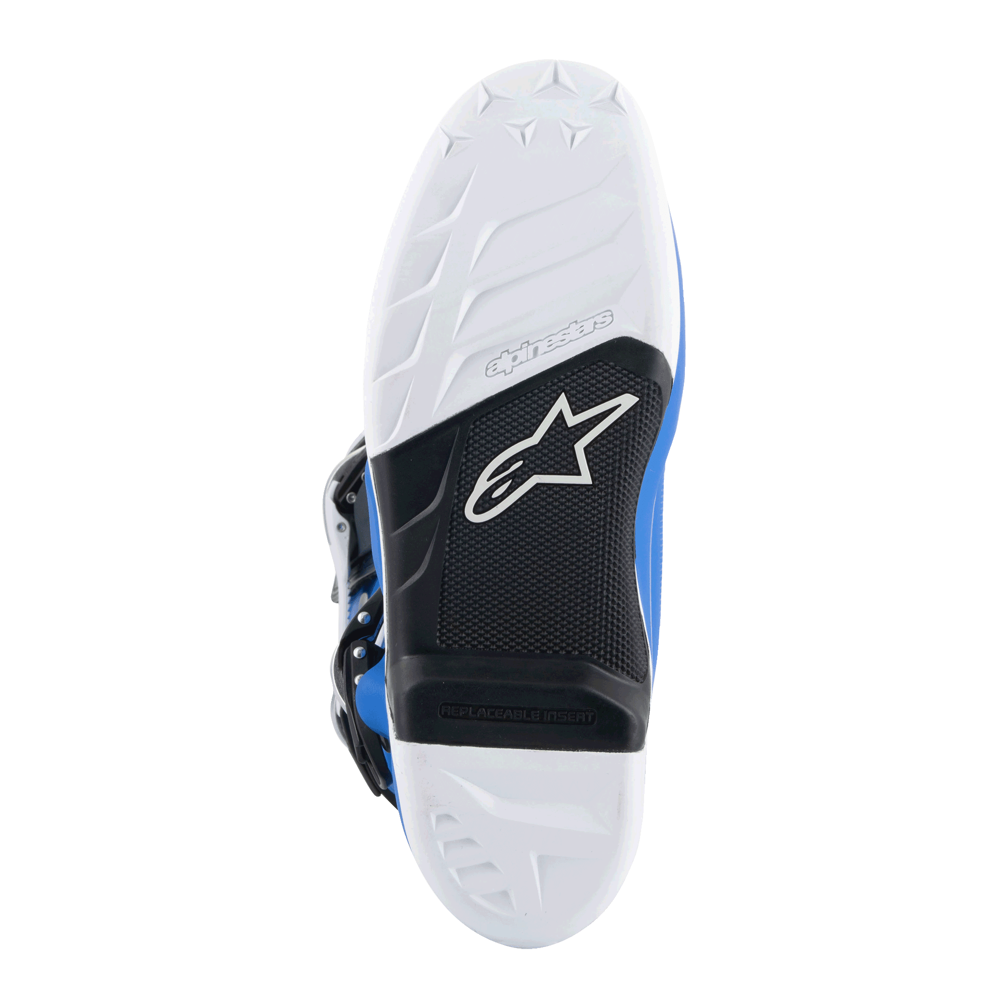 Botas Alpinestars Tech 7, botas de motocross, azul alpino y blanco, vista inferior de la suela con patrón de agarre blanco, arco negro con inserción para estribera reemplazable y logo de Alpinestars, compuesto duradero para carreras todoterreno