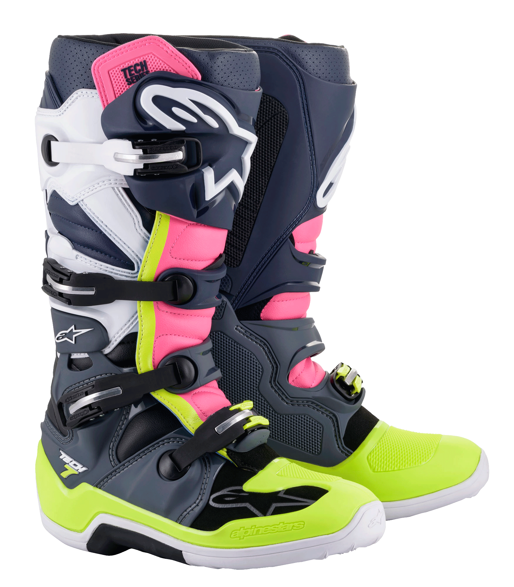 Botas Alpinestars Tech 7, botas de motocross, gris oscuro, azul oscuro, rosa flúor y amarillo neón, con un sistema de cierre de múltiples hebillas, paneles de protección de TPU y logotipos de Alpinestars para carreras off-road