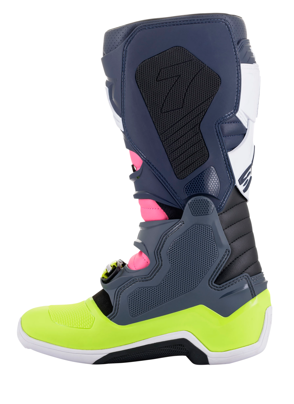 Botas Alpinestars Tech 7, botas de motocross, gris oscuro, azul oscuro, rosa flúor y amarillo neón, vista de perfil lateral, con un innovador sistema de cierre de hebillas y protección biomecánica de tobillo, calzado todoterreno de alto rendimiento
