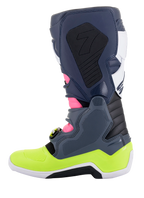 Botas Alpinestars Tech 7, botas de motocross, gris oscuro, azul oscuro, rosa flúor y amarillo neón, vista de perfil lateral, con un innovador sistema de cierre de hebillas y protección biomecánica de tobillo, calzado todoterreno de alto rendimiento