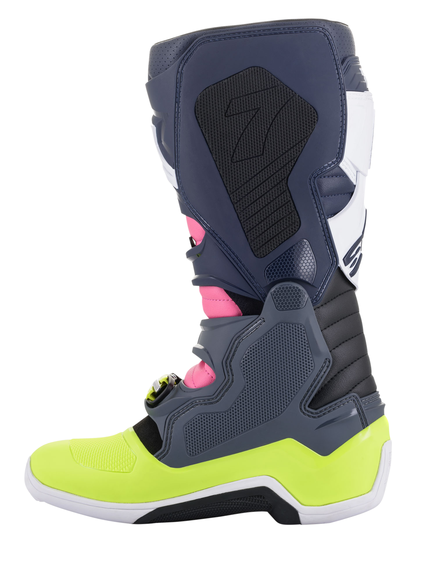 Botas Alpinestars Tech 7, botas de motocross, gris oscuro, azul oscuro, rosa flúor y amarillo neón, vista de perfil lateral, con un innovador sistema de cierre de hebillas y protección biomecánica de tobillo, calzado todoterreno de alto rendimiento