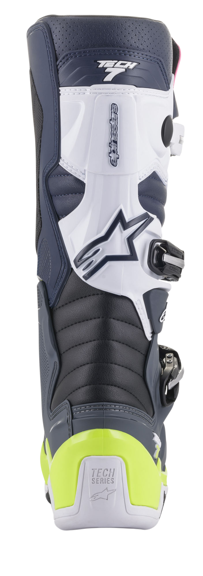 Botas Alpinestars Tech 7, botas de motocross, vista trasera en colores azul oscuro, blanco y gris oscuro con protector de talón amarillo flúor brillante, zonas de flexión en acordeón y marca Tech Series