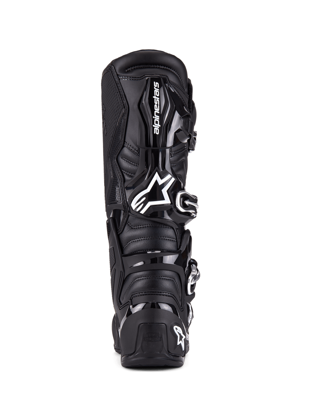 Alpinestars Botas Tech 7, botas de motocross, negro, vista trasera con protección de TPU, sistema de cierre de hebillas y marca distintiva